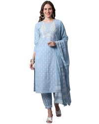Rajnandini Women's  Sky Blue Pure Cambric Cotton Jaipuri Printed & Embroidered Kurta Set With Dupatta (JOPLJPR824-P)