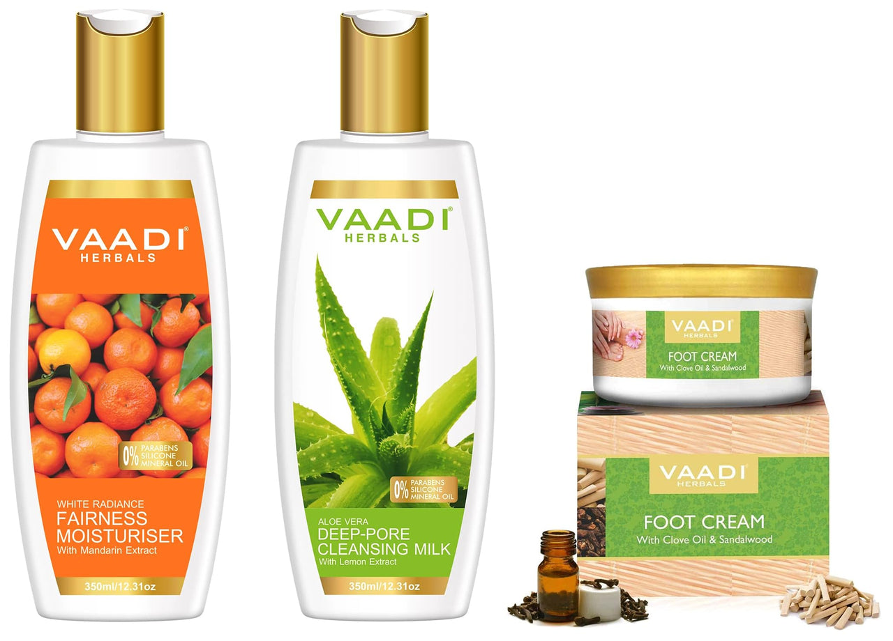 Vaadi Herbals Foot Cream, Clove & Sandal Oil, 150g & Aloe Vera Deep Pore Cleansing Milk, 350ml & Fairness Moisturiser With Mandarin Extract, 350ml