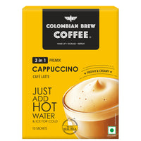 Colombian Brew 3 in 1 Cappuccino Café Latte, Instant Coffee Powder Premix, 10 Sachets Box