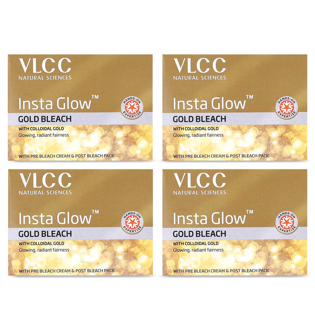 VLCC Insta Glow Gold Bleach - 30g X 4 (Pack of 4) - With Colloidal Glow For Glowing Fairness | Skin Brightening Bleach | Perfect Skin Match, Reduces Facial Hair Visibility, Brightens Complexion