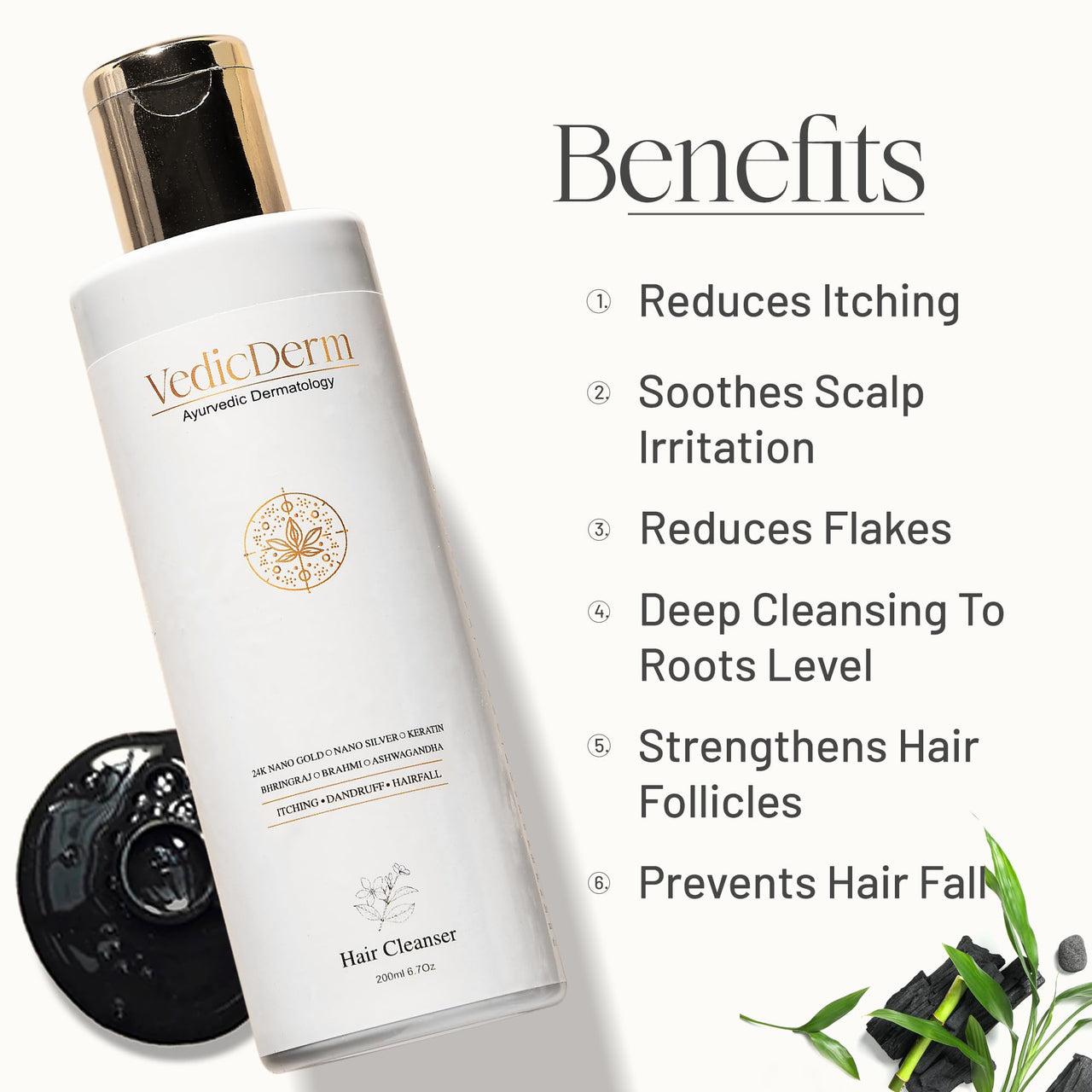 VEDICDERM Plasma Bamboo Charcoal Shampoo 200ml | Clinically Proven For Scalp Psoriasis, Dandruff & Sensitivity | Relieves Itching, Flaking & Dryness | SLS, Paraben & Irritants Free|Daily Hair Cleanser