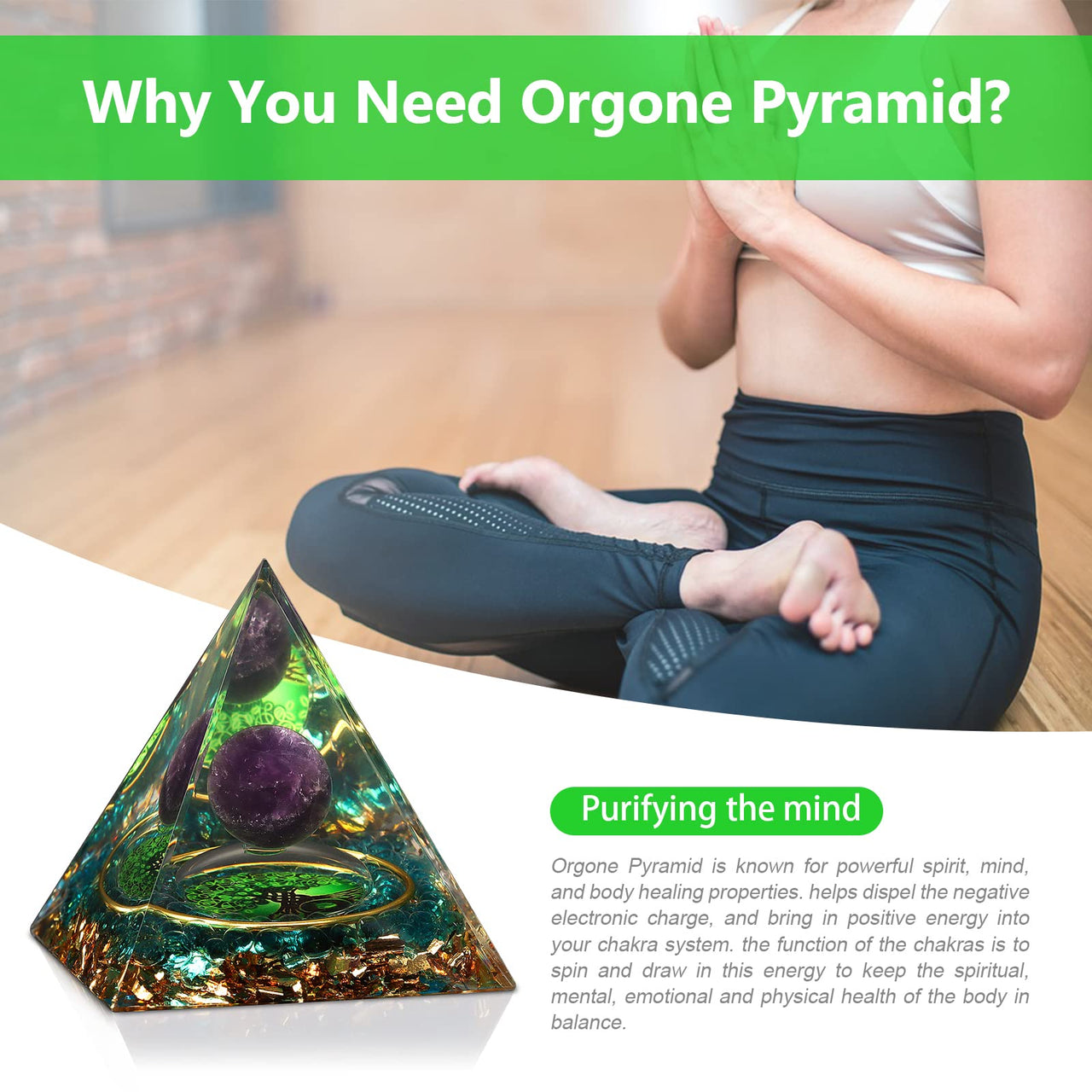 Orgonite Healing Crystal and Stone Orgone Pyramid Amethyst Sphere Life Tree Blance Chakras Pyramid Meditation Aids Sleep, Health Protection Positive Energy Generator to Attract Wealth and Wisdom Green Tree