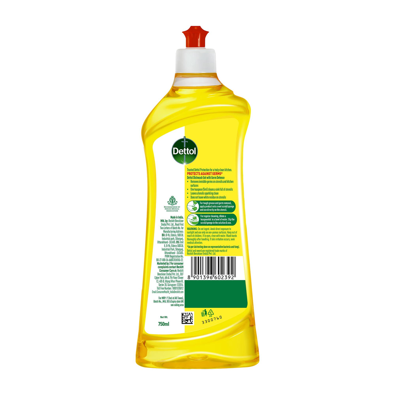 Dettol Lemon Fresh Dishwash liquid and Cleaning Gel || Cuts Tough Grease || Remove germs || 750ml, bottle