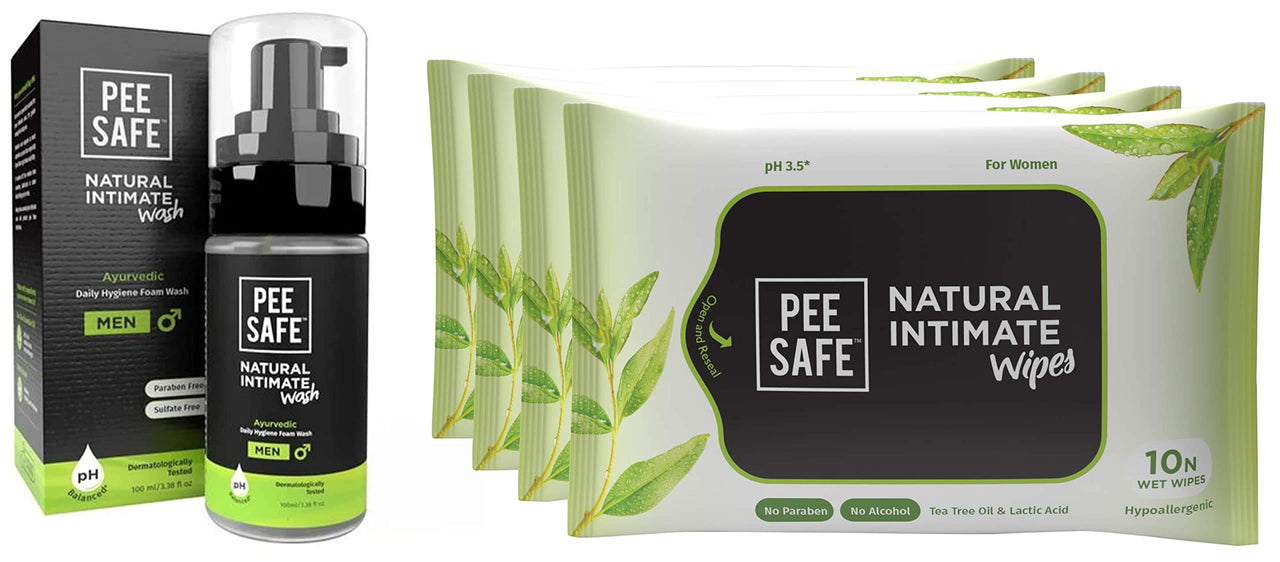 PEESAFE Natural Intimate Wash For Men With Ayurveda Extracts 100 Ml & Peesafe Natural Intimate Wipes 10 Count (Pack Of 4)