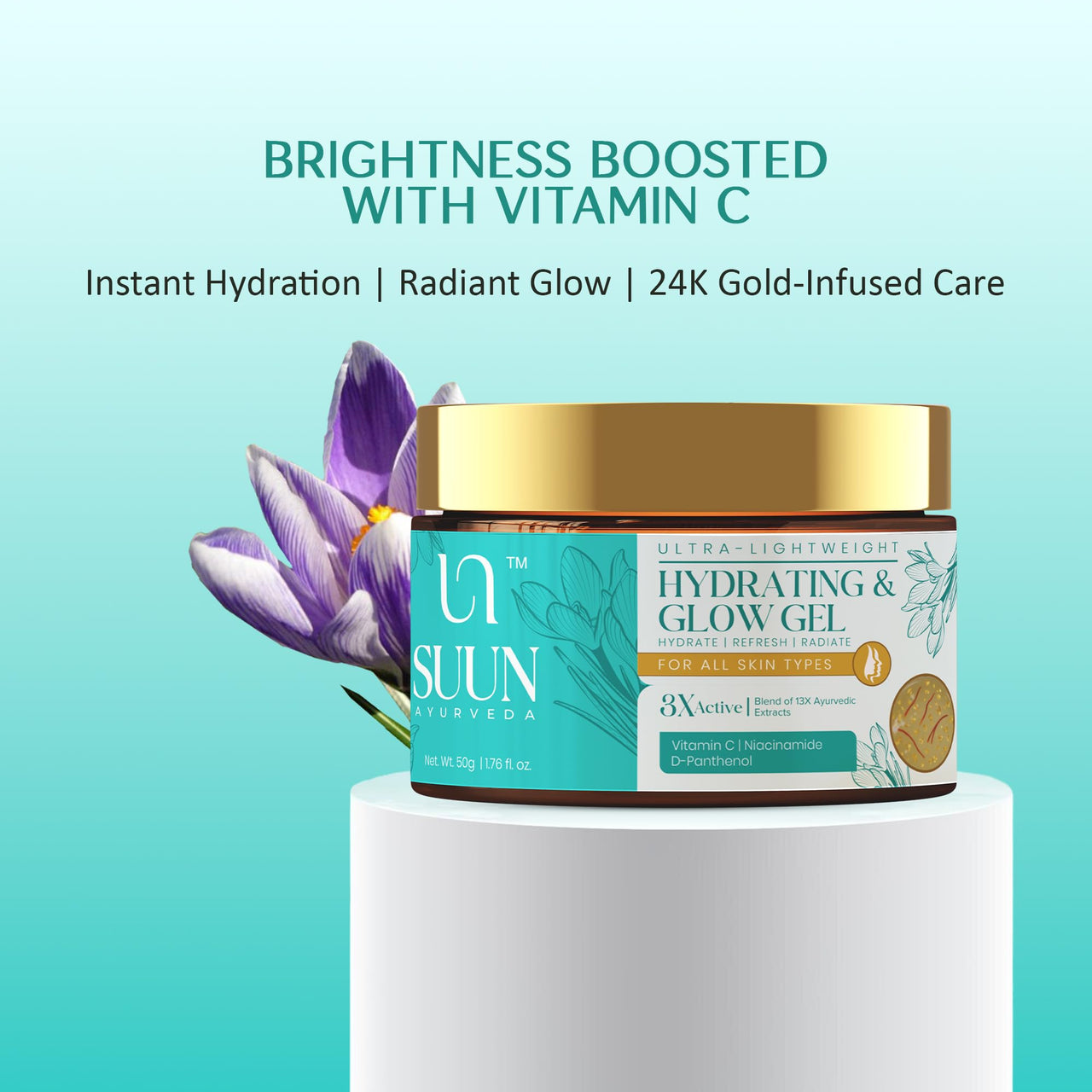 Suun Ayurveda 2% Vitamin C Brightening Moisturizer Cream with 5% Niacinamide,Rice Water with Hyaluronic Acid | Oil-Free, Lightweight Gel Cream for Glowing Skin | For All Skin Types, Men & Women | 50g