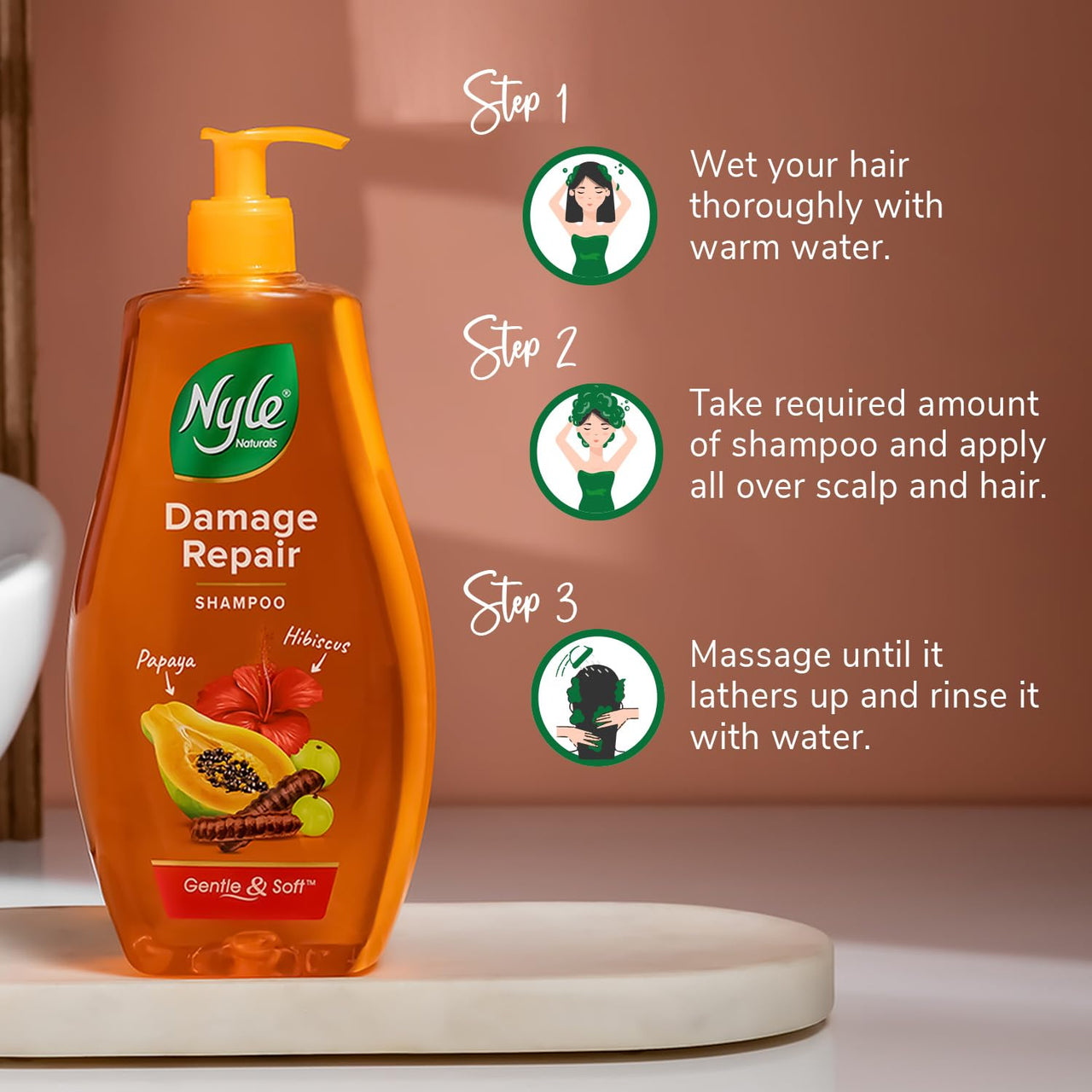 Nyle Naturals Damage Repair Shampoo 400 ml | Hair Repairing Shampoo with Papaya, Hibiscus, & Shikakai | pH Balanced & Paraben Free Gentle & Soft Shampoo For Women & Men