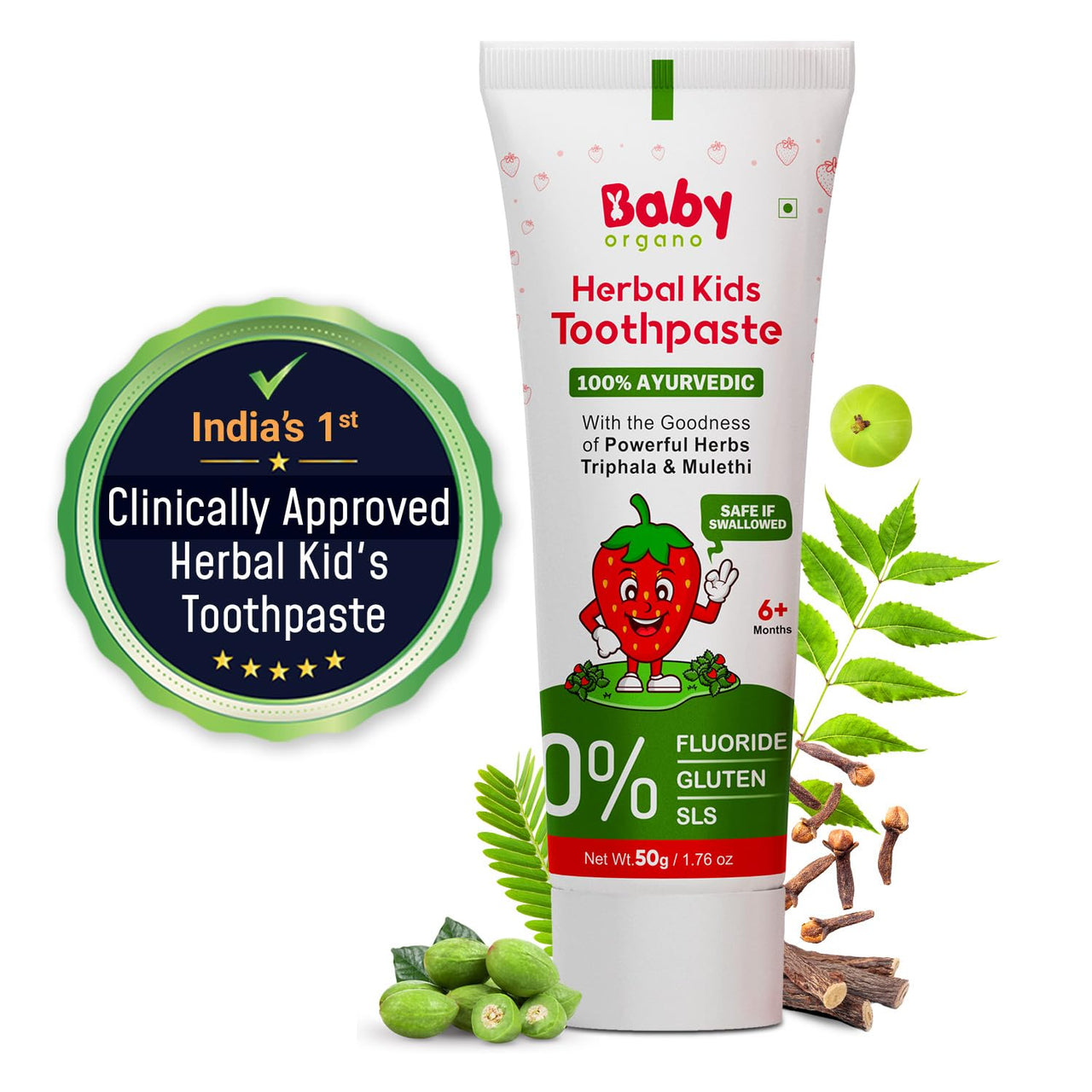 BabyOrgano Herbal Toothpaste for kids | 6+ Months | 100% Ayurvedic | Non Gel Formula | goodness of Babool and Mulethi | Strawberry Flavour | Fluoride & SLS Free | FDCA Approved - 50gm (Pack of 1)