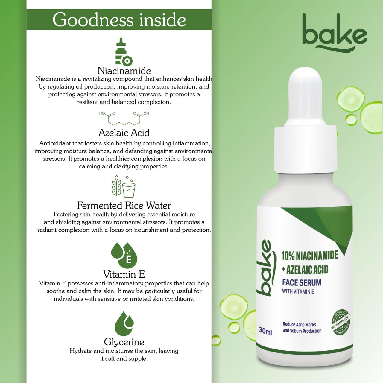 BAKE 10% Niacinamide + Azelaic Acid Face Serum for Acne Marks, Dark Spots & Open Pores | Reduces Active Acne, Blemishes | 30ml
