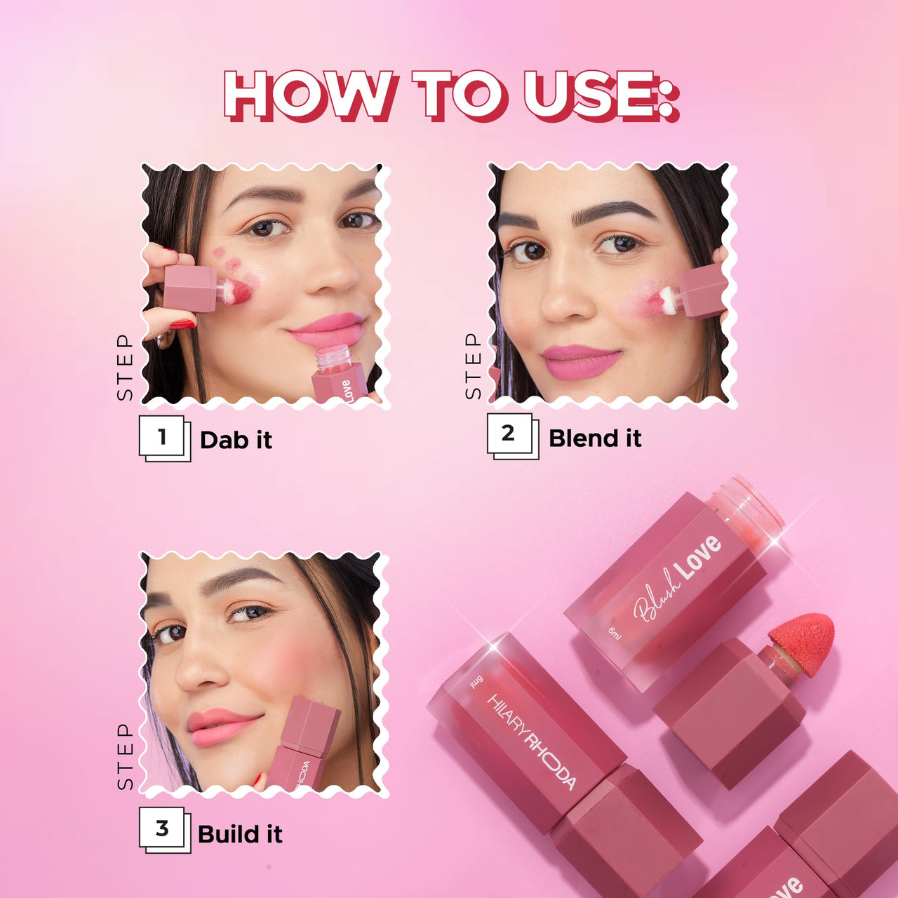 Hilary Rhoda Blush Love | Highly Pigmented Liquid Blush & Super Dewy Finish | Built-in Sponge | All Day Wear & Buildable Formula | Leak-Proof - 6ml (Drama | Shade 02)