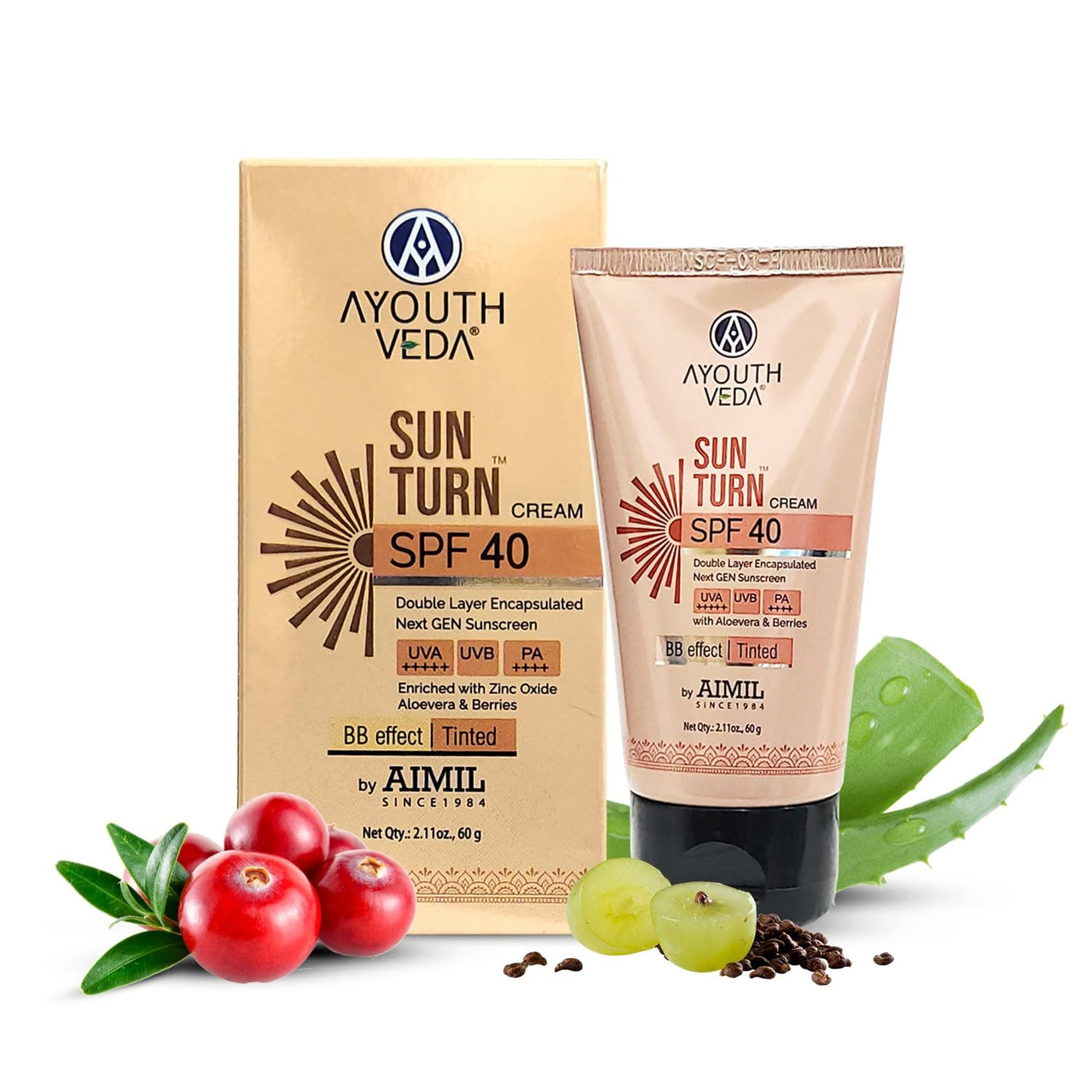 Ayouthveda Sun Turn Cream SPF 40 - Double Layer Encapsulated Sunscreen - Tinted with BB Effect - PA++++ - UVA(+++++)/UVB Protection - Blue Light Defense - Enriched with Zinc Oxide, Aloe Vera & Berries - Net.Qty:- 60g