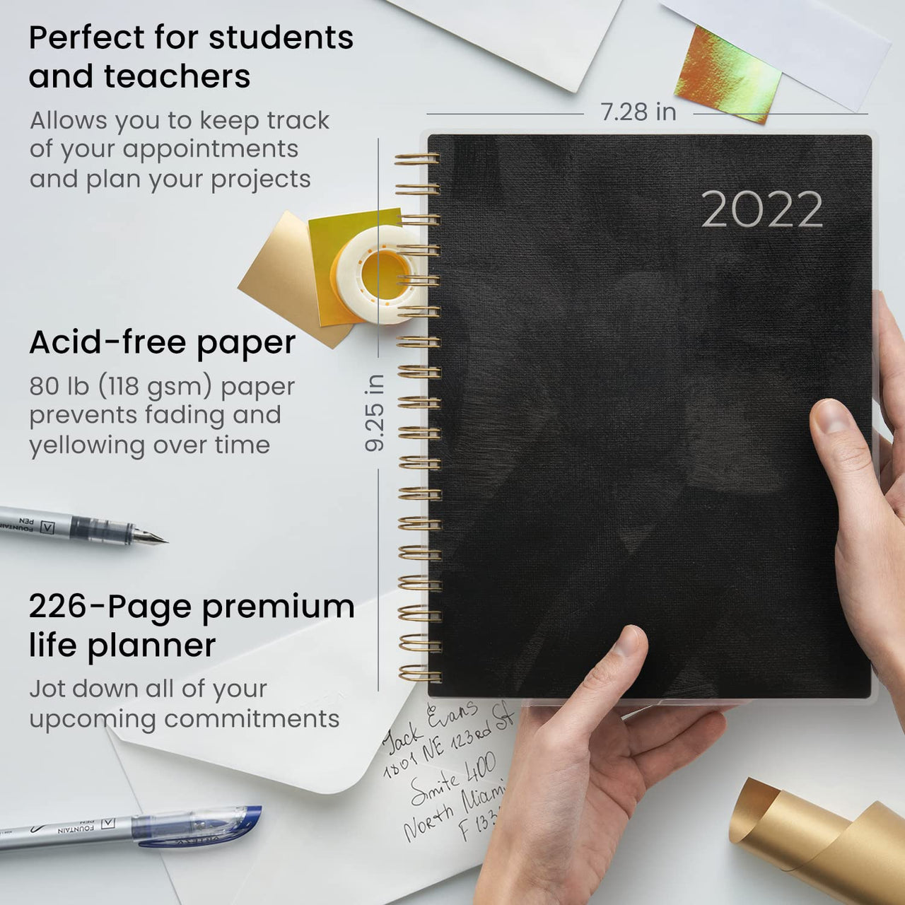 Arteza 2022 Monthly Planner, 205 Inner Pages, Black Brushstroke Design, 9.1 x 7.3 Inches – 12-Month Planner – Office Supplies to Track Plans & Stay Productive Black Cover