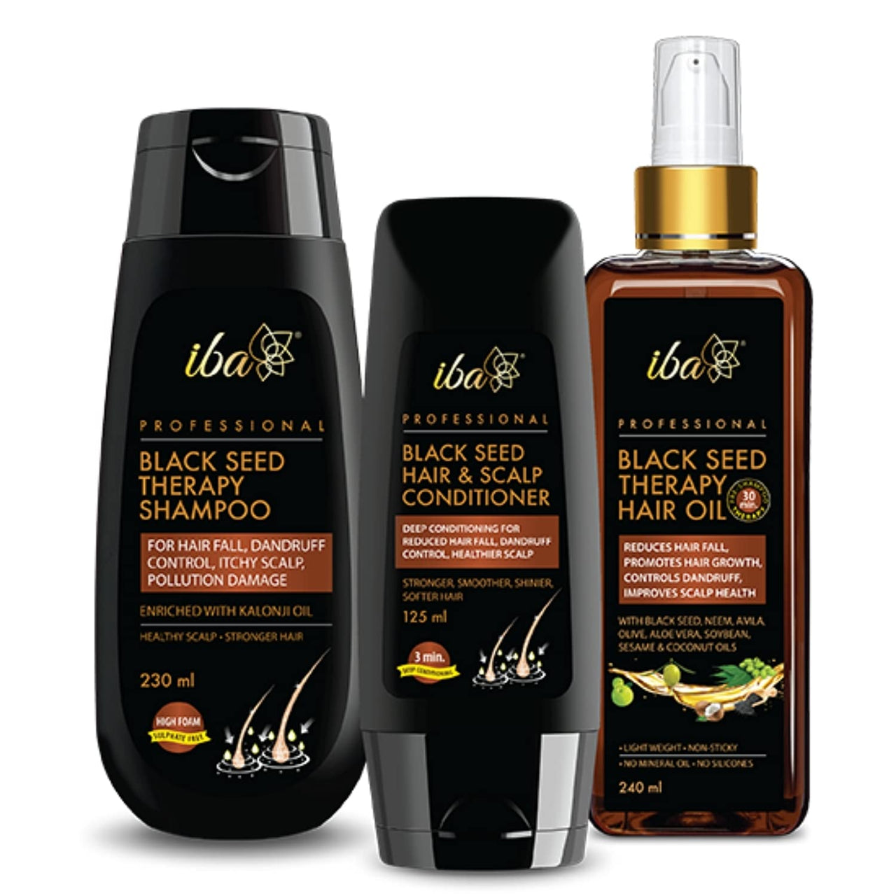 Iba Black Seed Therapy Shampoo, Conditioner, Hair Oil Combo (230 ml + 125 ml + 240 ml) | Kalonji For Hair Fall, Dandruff, Itchy Scalp | No Sulfate No Paraben | Halal Certified & Vegan