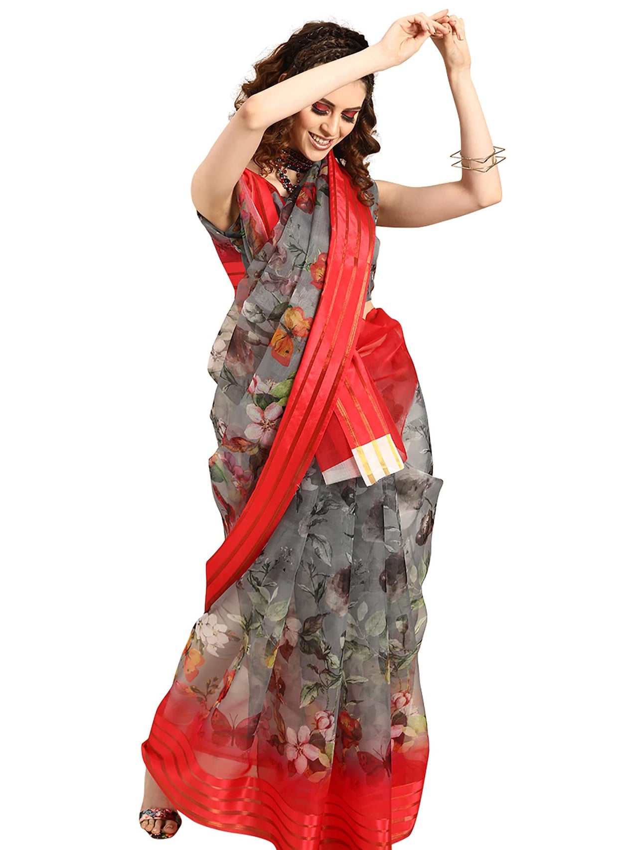 AKHILAM Women's  Knit Floral Printed Organza Saree with Unstitched Blouse Piece (FF0SAGE10_Parent)