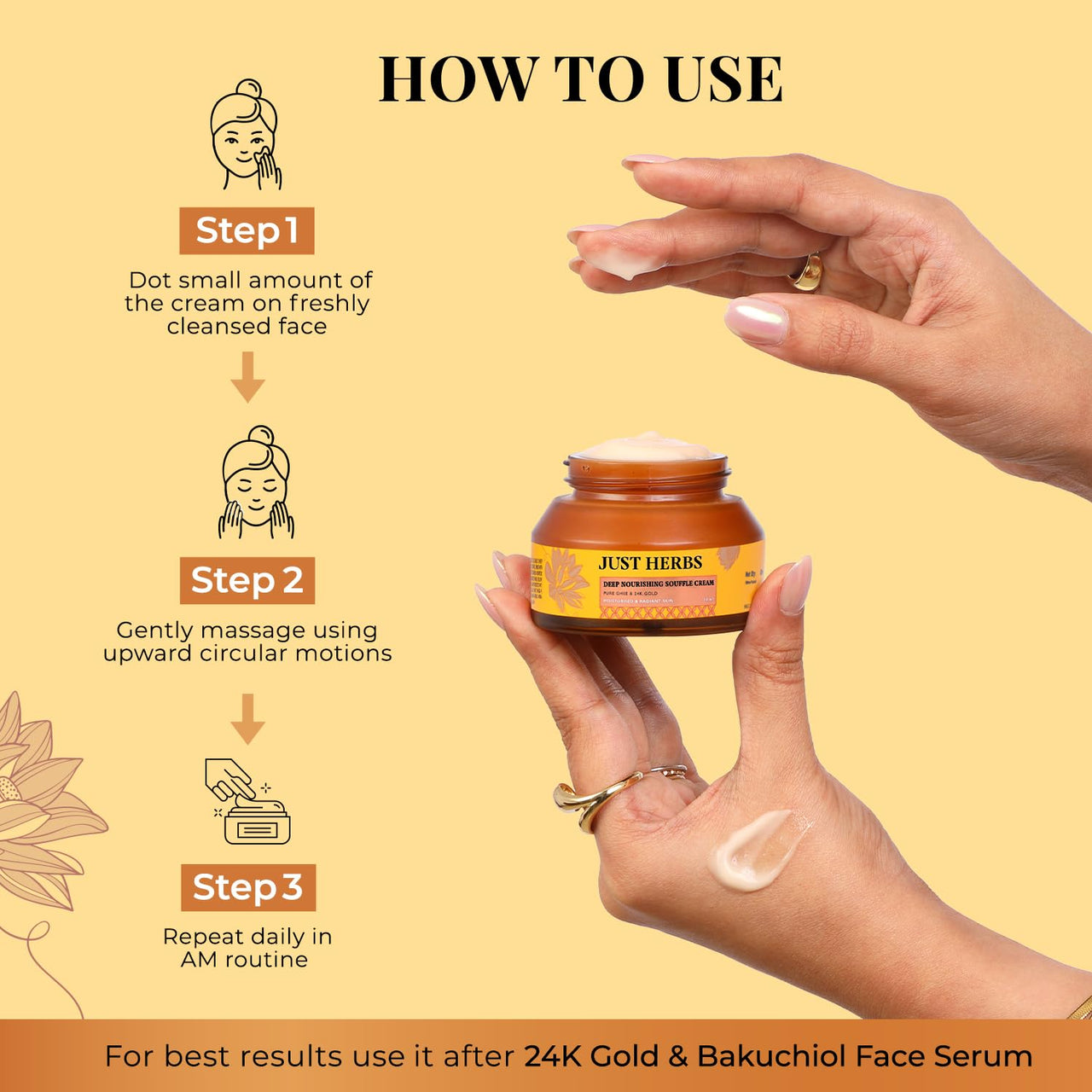 Just Herbs 24K Gold with Pure Ghee Souffle Day Cream for Deep Nourish Moisturising Anti Ageing | Improve Skin Elasticity | Reduce Dullness | Non Sticky | All Skin Types Moisturiser for Women 50ml