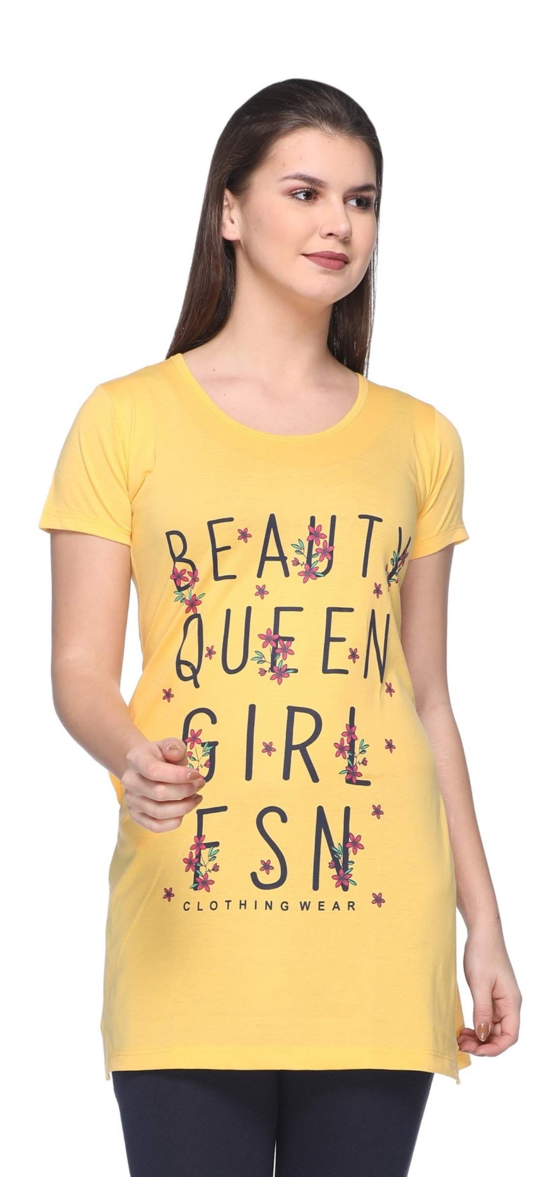 In Love Ladies Long Knee Length Chest Printed Side Slits Tshirts