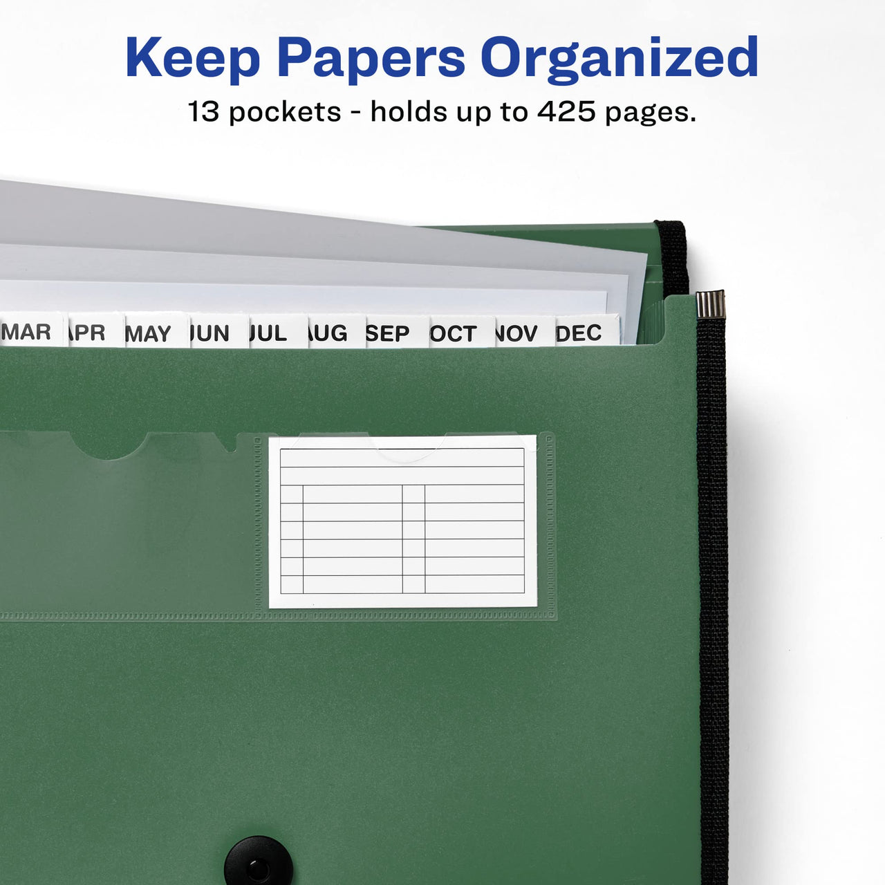 Avery Expanding File Folder Organizer, 13-Pocket Accordion File Organizer, Sage, Holds 425 Letter/A4-Size Sheets (73555) 13 Pockets