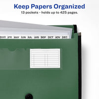 Avery Expanding File Folder Organizer, 13-Pocket Accordion File Organizer, Sage, Holds 425 Letter/A4-Size Sheets (73555) 13 Pockets
