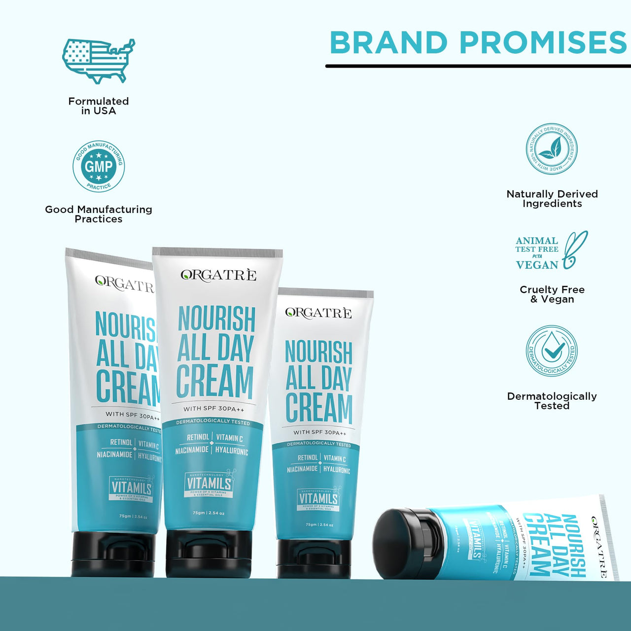 Orgatre Nourish All Day Cream 75gm with SPF 30 PA++ | Daily Moisturizer for Glowing Skin | Retinol, Vitamin C, Niacinamide & Hyaluronic Acid | Anti-Aging, Oil Control & Hydration