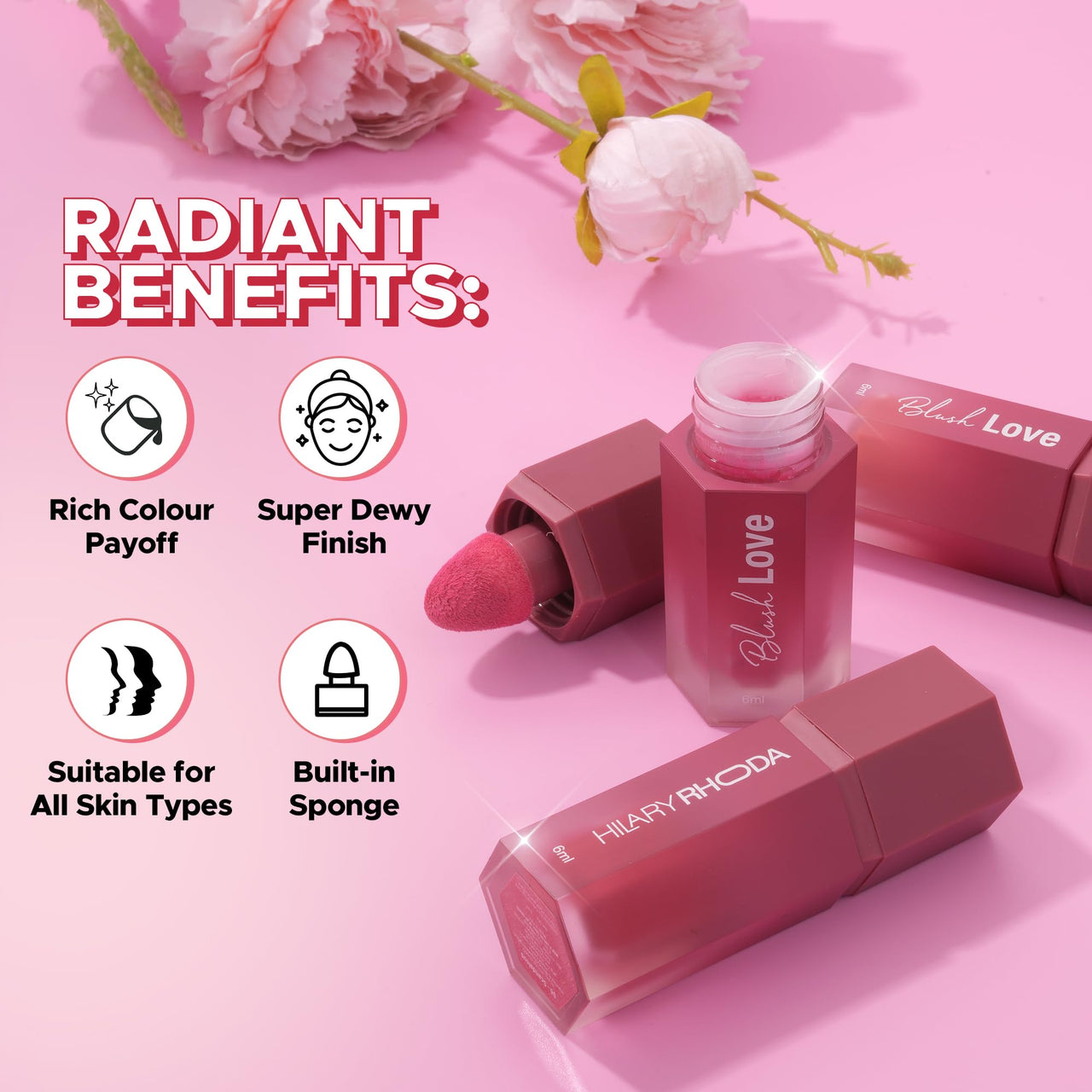 Hilary Rhoda Blush Love | Highly Pigmented Liquid Blush & Super Dewy Finish | Built-in Sponge | All Day Wear & Buildable Formula | Leak-Proof - 6ml (Spotlight | Shade 03)