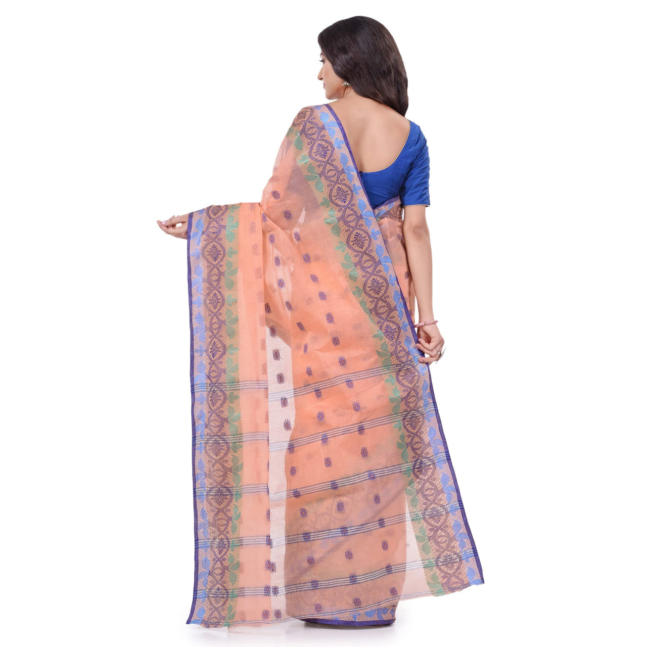 dB DESH BIDESH Women`s Traditional Bengal Tant Tri Leaf Woven Design Pure Handloom Cotton Saree Without Blouse Piece