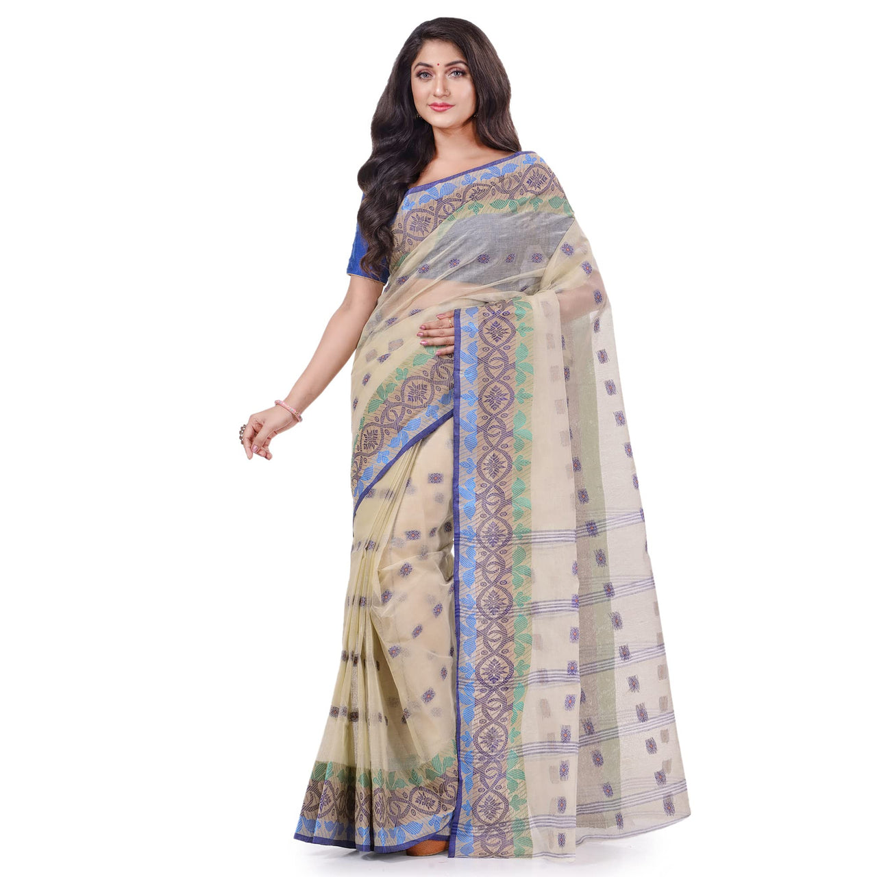 dB DESH BIDESH Women`s Traditional Bengal Tant Tri Leaf Woven Design Pure Handloom Cotton Saree Without Blouse Piece