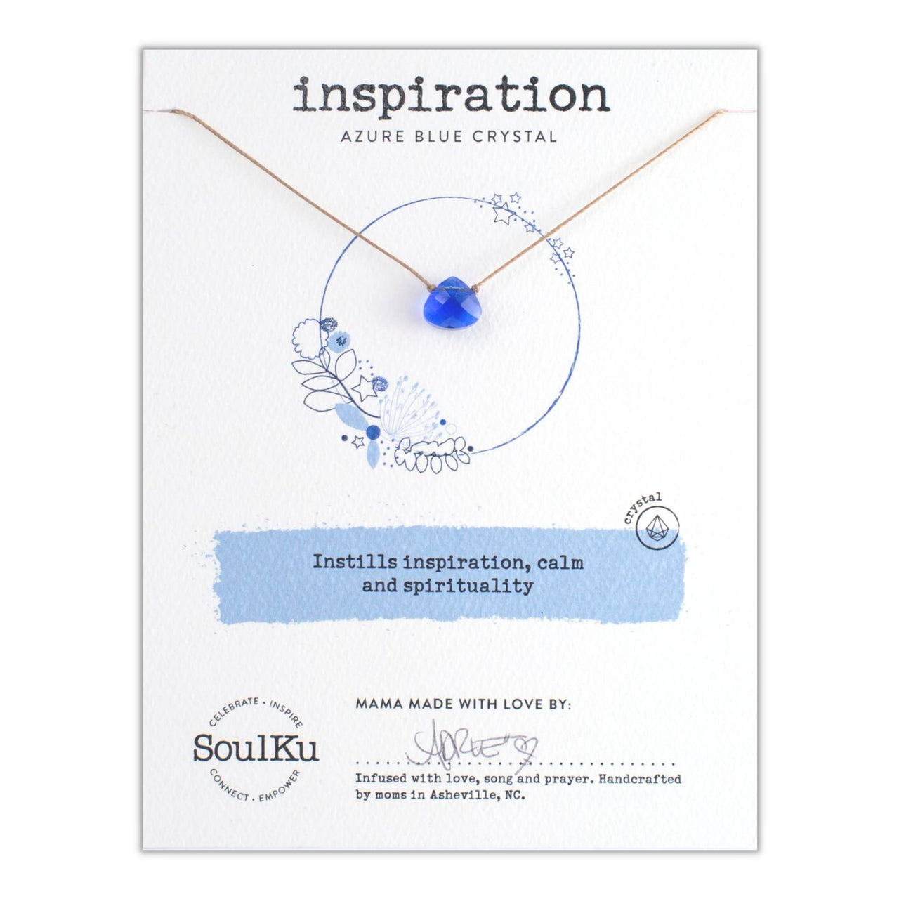 SoulKu Soul Shine Handmade Necklace, Empowering Jewelry With Healing Crystal, Inspirational Jewelry For Women, Mom & Sister, 2" Extender With Lobster Clasp, 16" Nylon Cord (Azure Blue, Inspiration)