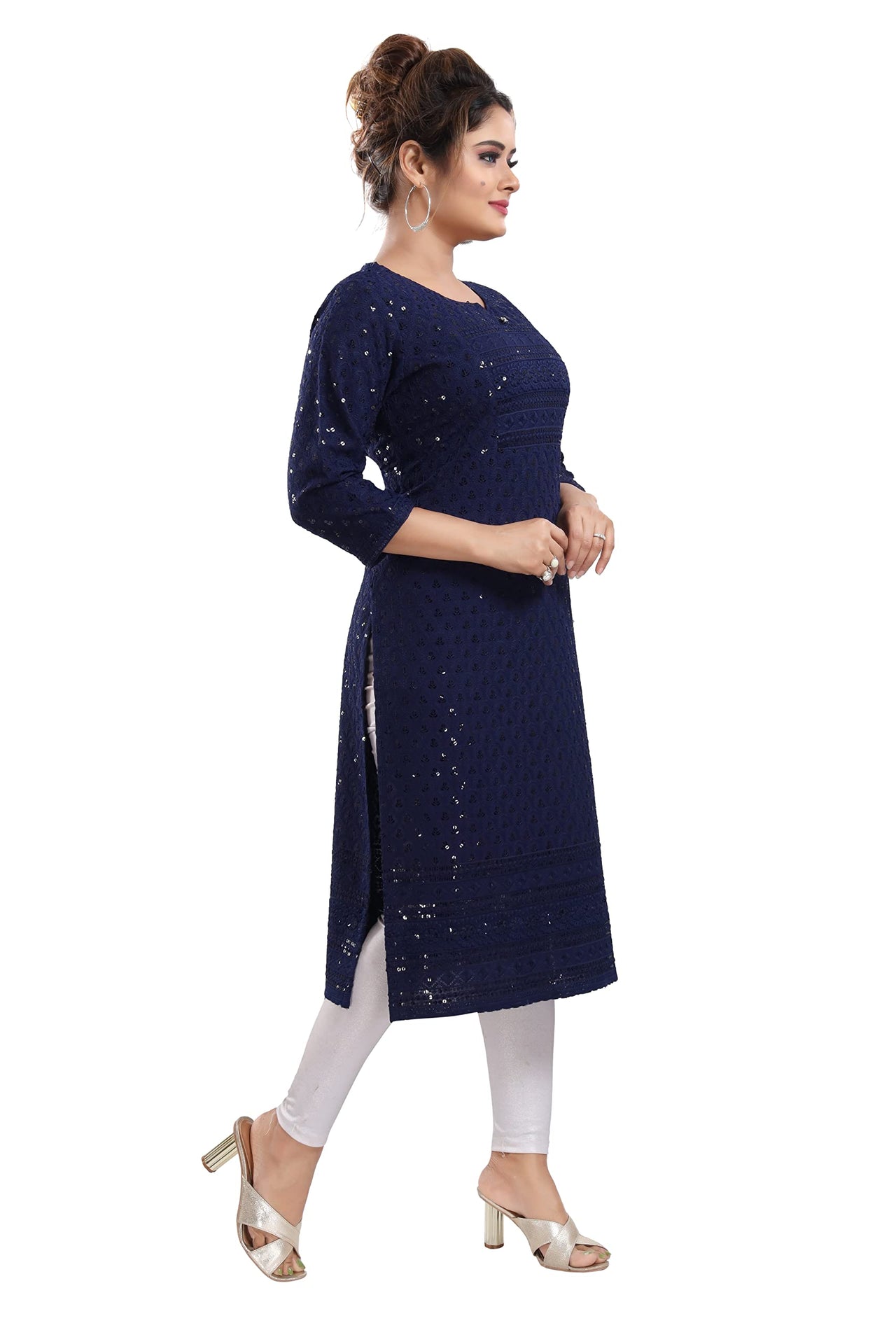 QUEEN SHIELD Women's  Knee Length Rayon Chikan-Kari KurtaKurti (QS_6631)