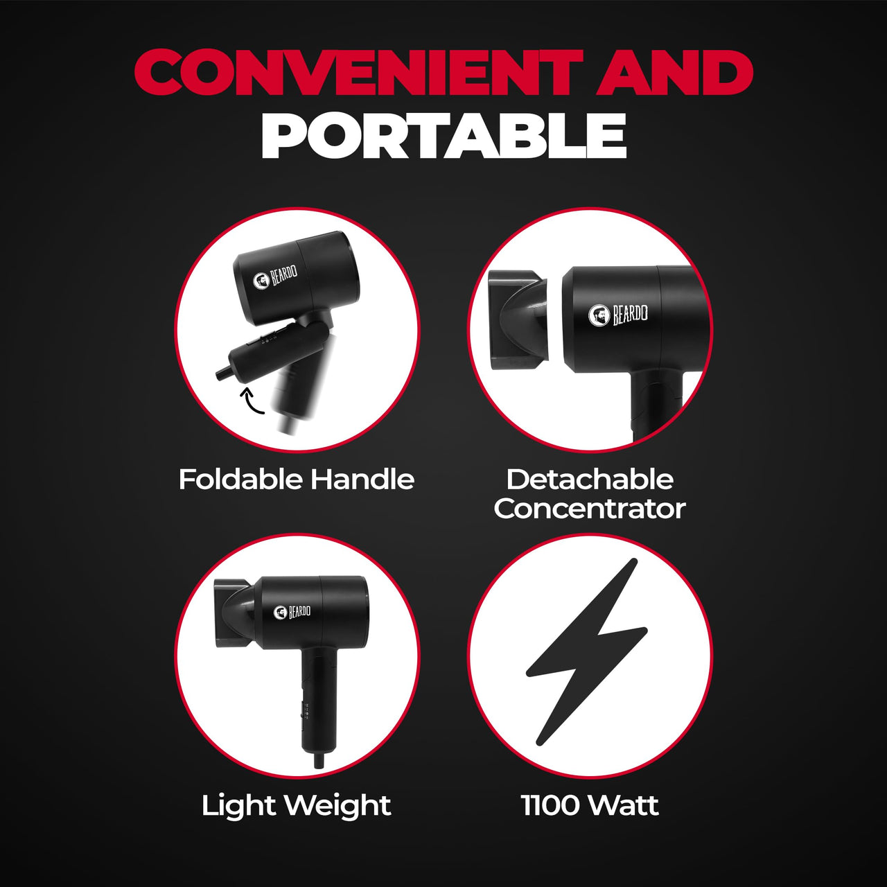 BEARDO Styling Gun Ultra Compact Hair Dryer | 1100 Watts Foldable Hair Dryer | 3 Heat 2 Speed Setting | Hair Dryer For Men | Travel Friendly | Stylish Matte Black Finish | Gift For Brother | Gift For Friends | Gift for Husband