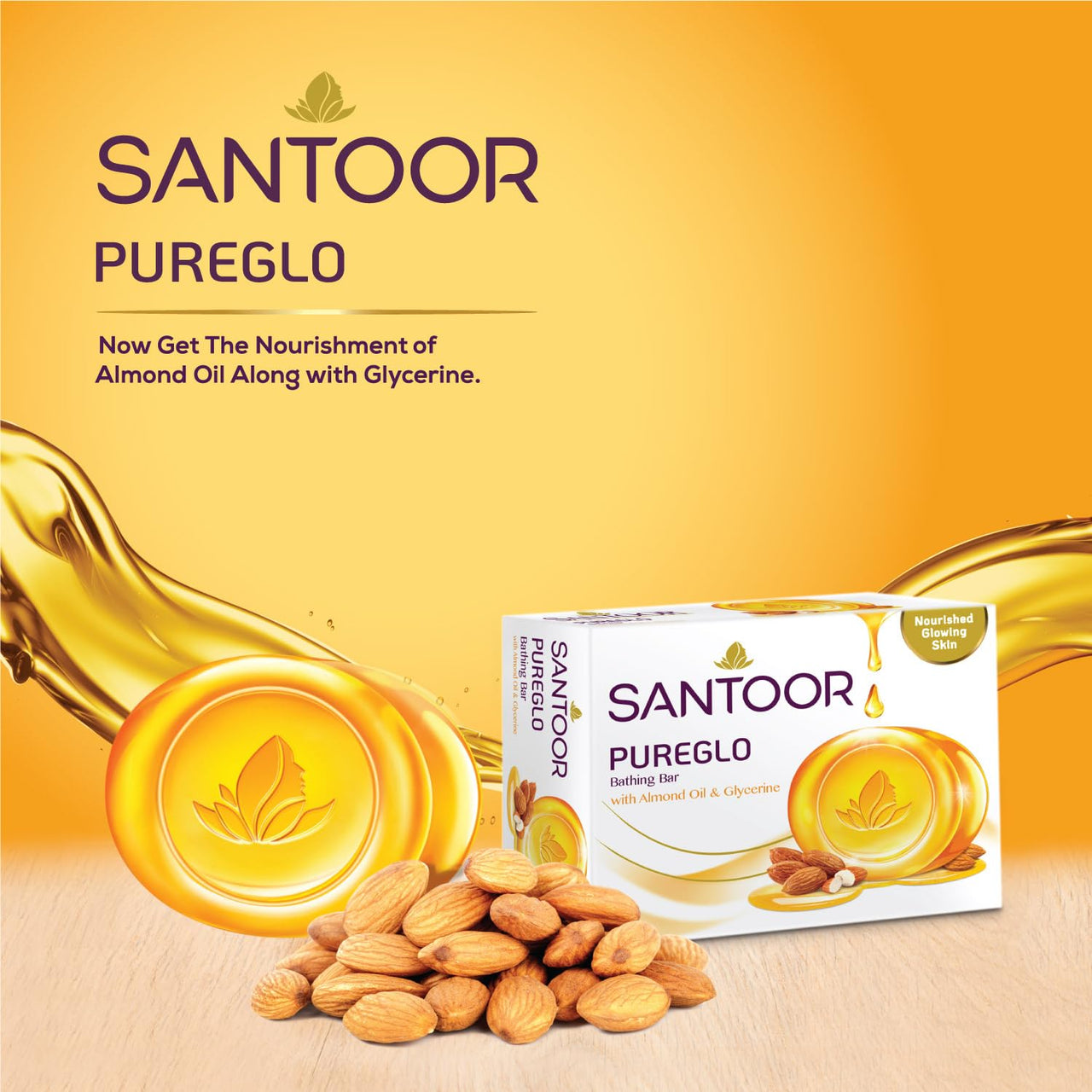Santoor PureGlo Glycerine Soap with Almond Oil and Glycerine, 125g (Pack of 6) for Nourished Glowing Skin