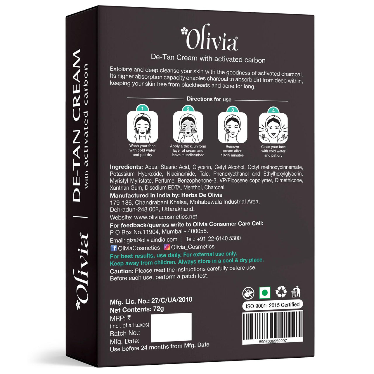 Olivia De-Tan Cream with Activated Carbon