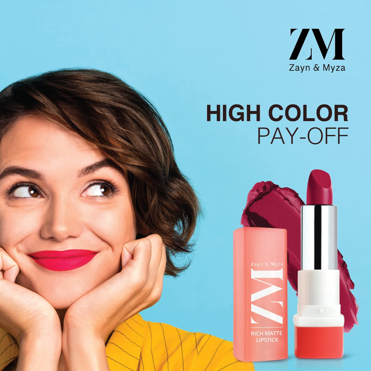 ZM Zayn & Myza Rich Matte Lipstick, Smooth and Light Weight, Intense Color in one Swipe, High Pigmentation Bullet Lip Stick Enriched with Argan oil, Murumuru and Shea Butter, 4.2 g (Cheer Leader)