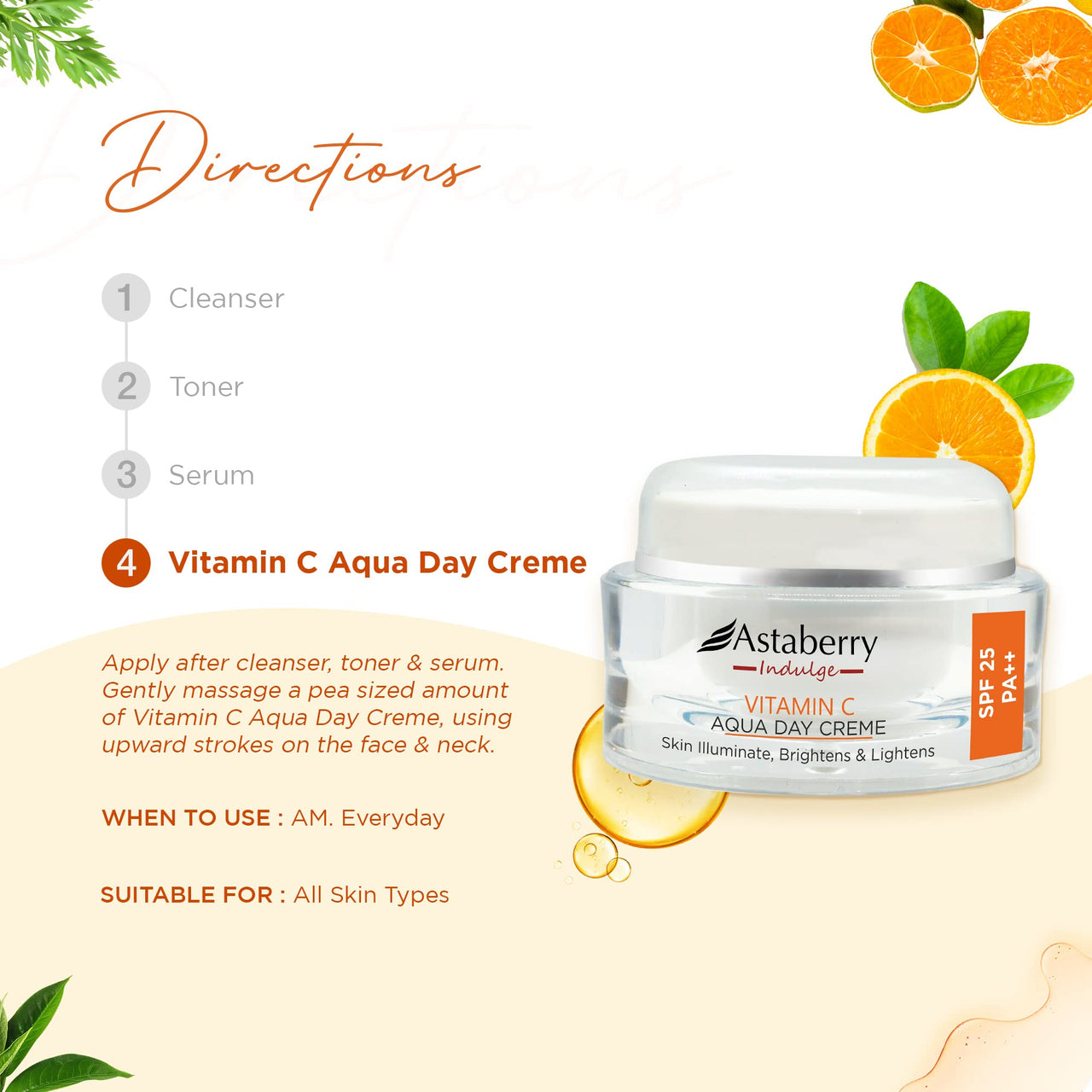 ASTABERRY Indulge Vitamin C Day Cream With SPF 25 For Glowing Skin | Reduces Acne | Protects From UV Damage | Reduces Dark Spots & Blemishes - 50 G