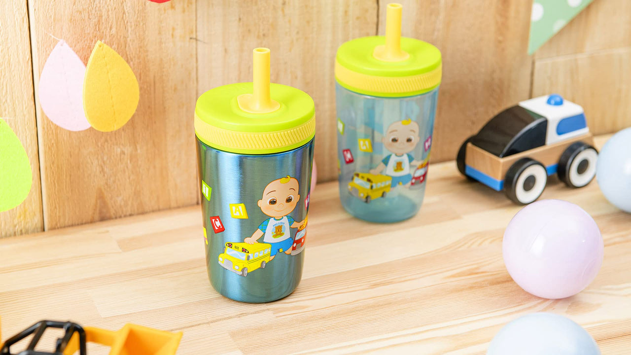 Zak Designs CoComelon Kelso Tumbler Set, Leak-Proof Screw-On Lid with Straw, Bundle for Kids Includes Plastic and Stainless Steel Cups with Bonus Sipper (3pc Set, Non-BPA), 15 fluid ounces