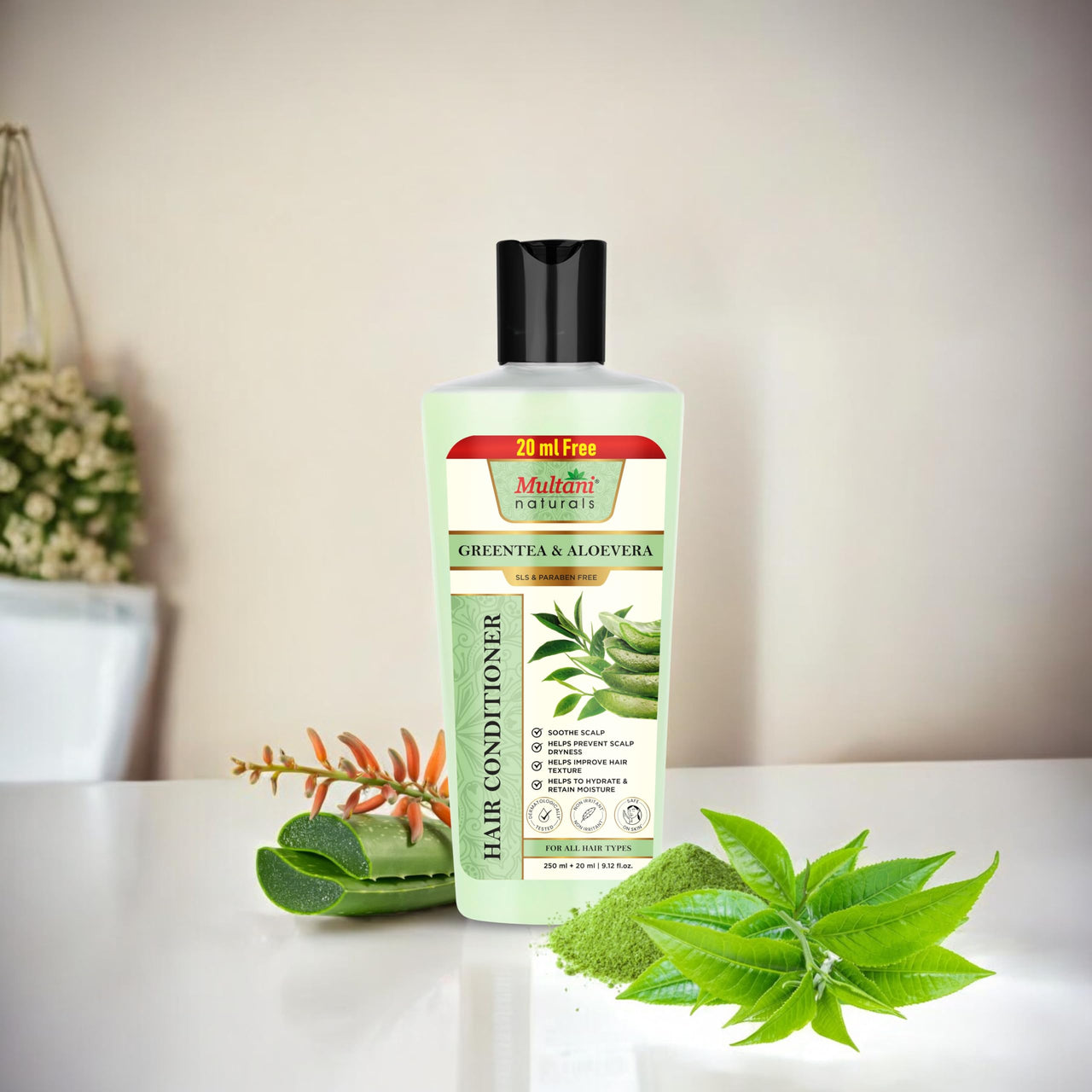 Multani Naturals Greentea & Aloevera Hair Conditioner || For Reducing Hair Fall | Improving Hair Texture | Strenghtening Hair Strands | Dermatologically Tested | SLS & paraben Free | Suitable For All Hair Types |250ml
