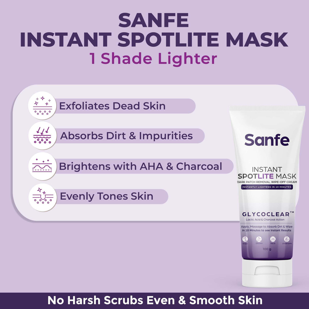Sanfe Instant Spotlite Mask For Dark Underrams, Neck & Body| Dark Patch Removal Wipe-Off Cream in 10 Minutes | For Detanning, Anti Aging & Skin Tightening | Glycolic & Kojic acid with Charcoal 100g