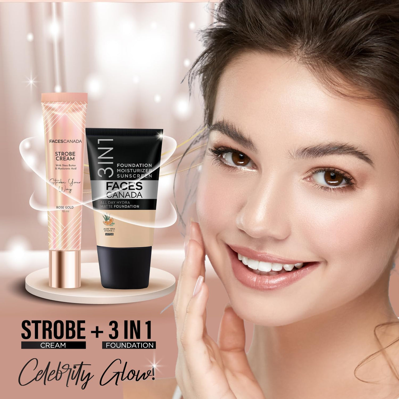 FACES CANADA Superb Glow Combo - Strobe Cream - Rose Gold (18 ml) + Strobe Cream - Silver (18 ml) | Primer + Highlighter + Moisturizer | Illuminating & Glowing Makeup Base | Intense Hydration