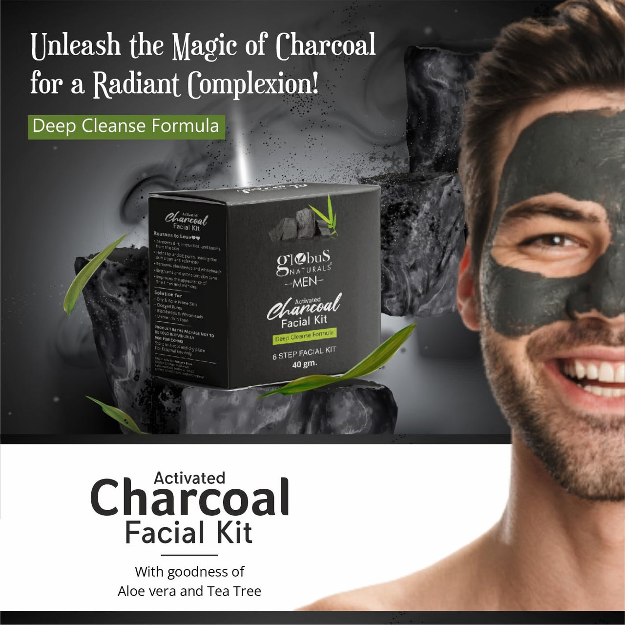Globus Naturals Facial Kit Combo-Oil Control Anti Acne & Deep Cleansing Charcoal Men Facial Kit, For All Skin Types