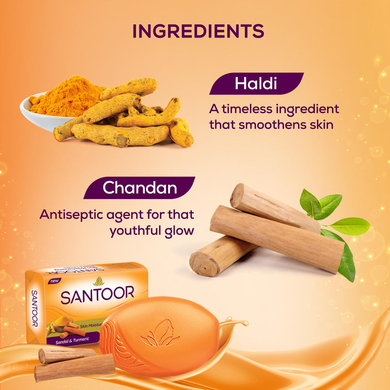 Santoor Sandal & Turmeric Soap for Total Skin Care, 125g (Pack of 4)