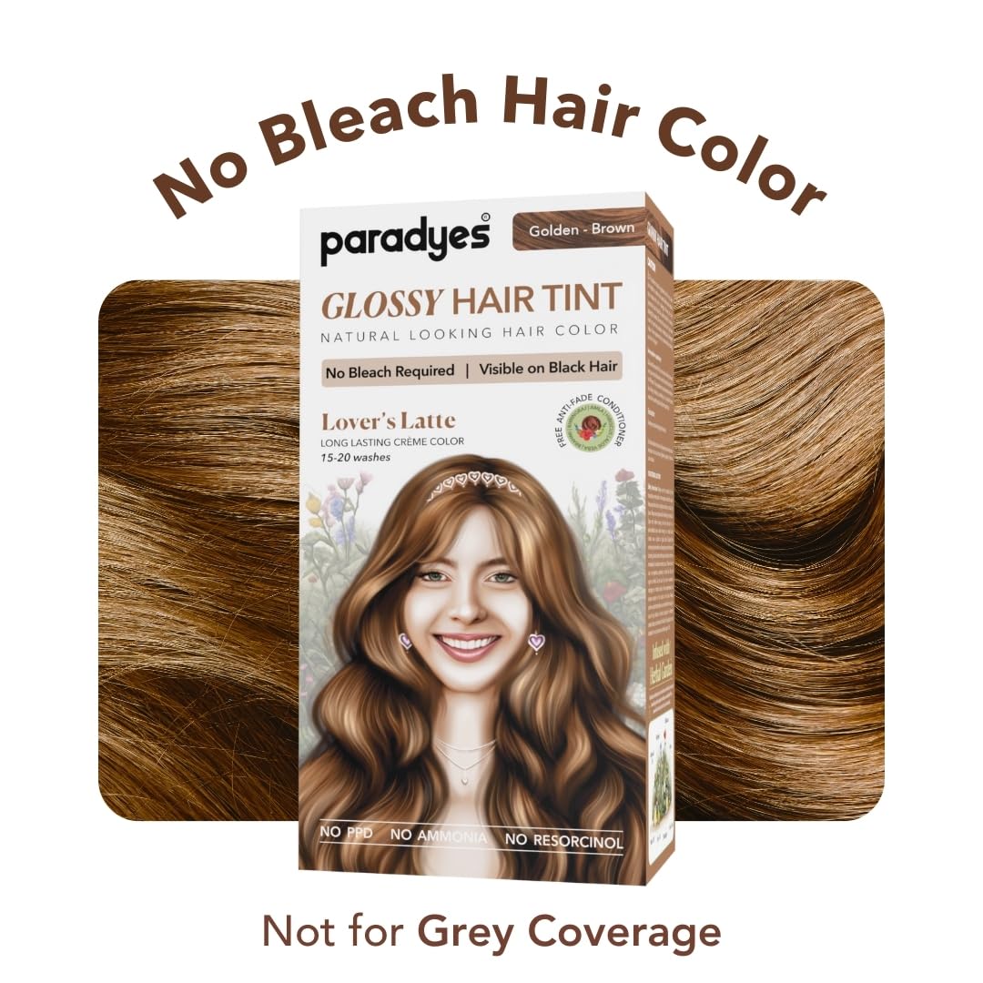 Paradyes No Bleach Lover's Latte Glossy Hair Tint, Ammonia-Free Formula for Natural Black Hair, Visible on Natural Black Hair, Includes Anti-Fade Conditioner for Long-Lasting Shine, Golden Brown