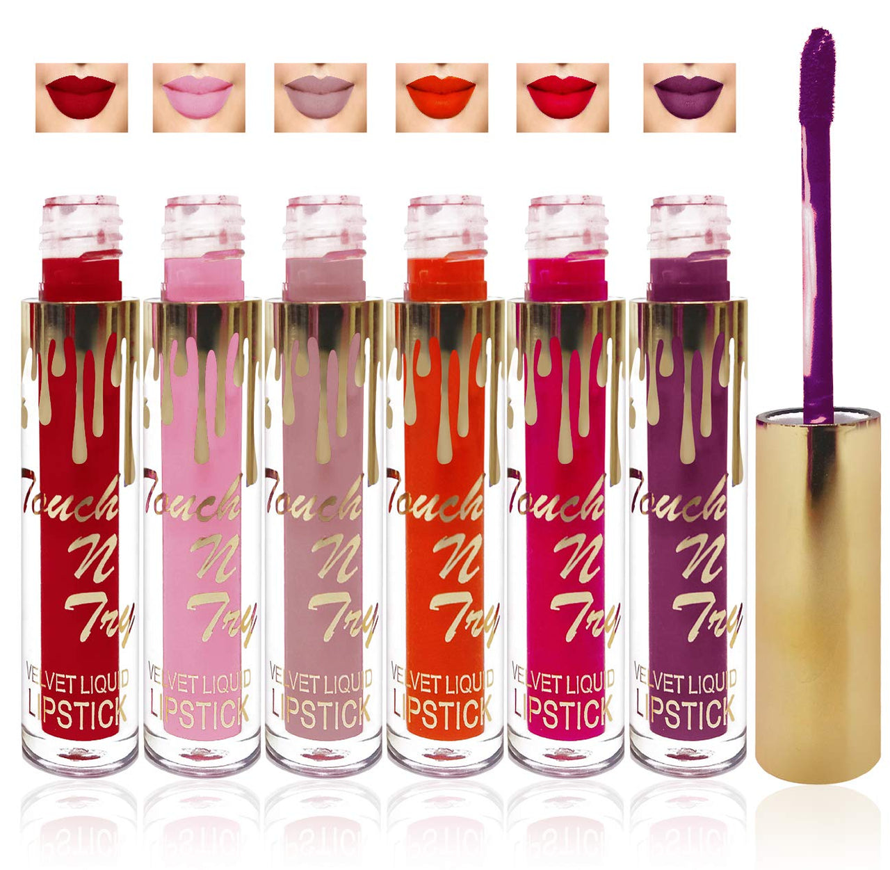 Seven Seas Cosmetics Makeup Touch Velvet Matte Liquid Lipstick Combo Set Of 6 (L Purple, Orange, Red, L Falsa, Orange, Pink ,L Brown, Pink)