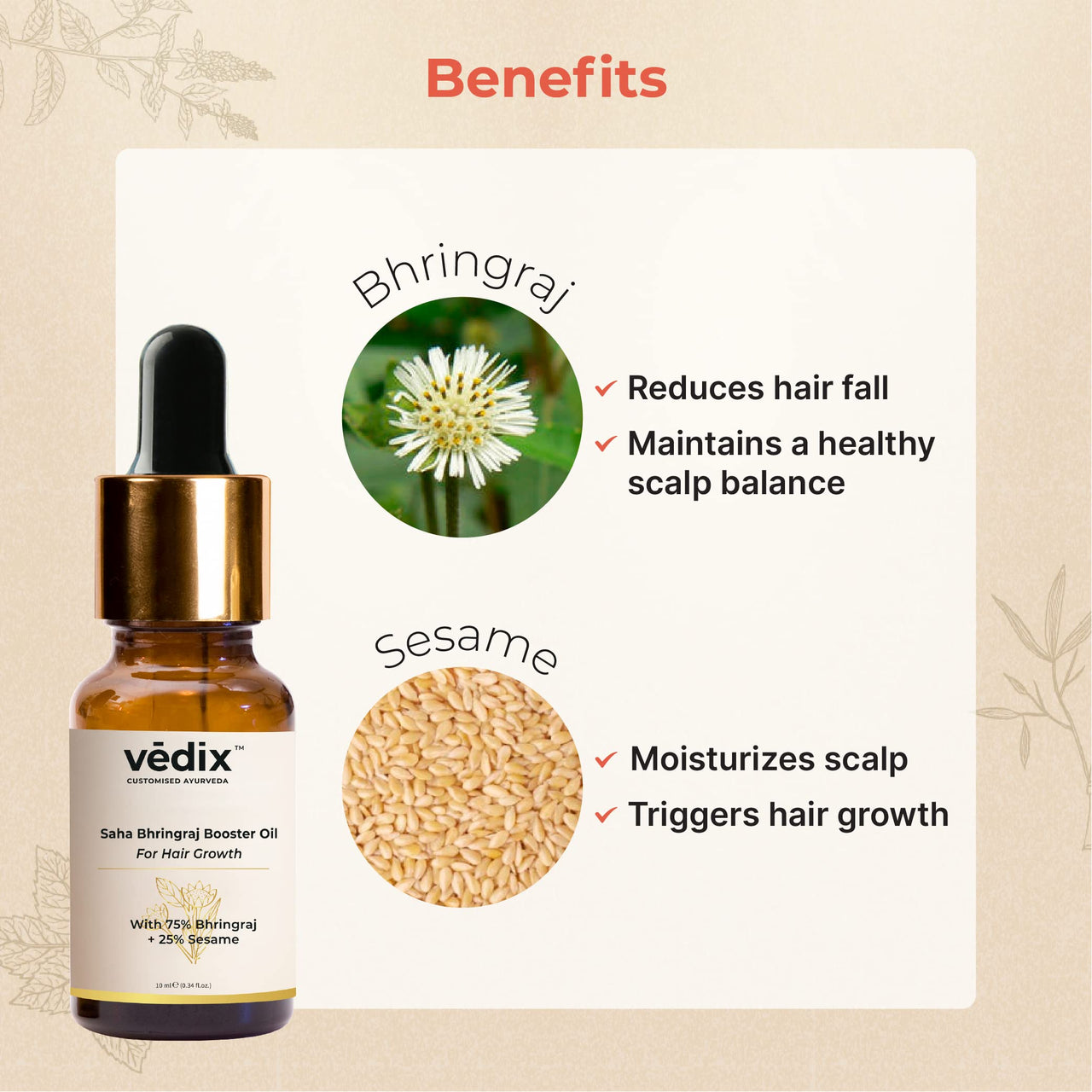 Vedix Customised Ayurvedic Hair Oil | Saha Bhringraj Booster Oil | For Hair Growth And Thick Hair | With Bhringraj And Sesame - 10ml