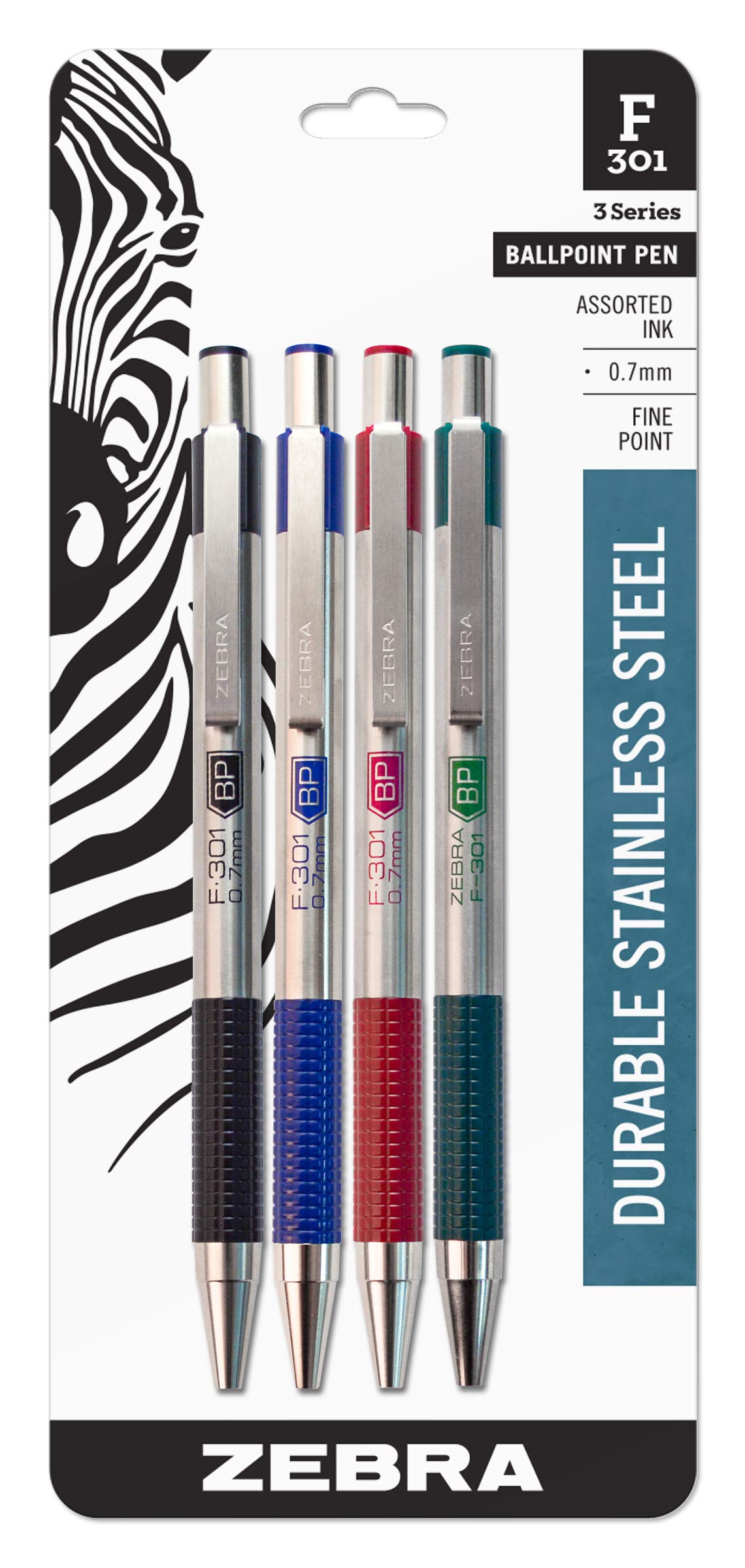 F-301 Retractable Ballpoint Pen, Stainless Steel Barrel, Fine Point, 0.7mm, Assorted Ink, 4-Pack Black/Blue/Red