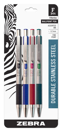 F-301 Retractable Ballpoint Pen, Stainless Steel Barrel, Fine Point, 0.7mm, Assorted Ink, 4-Pack Black/Blue/Red