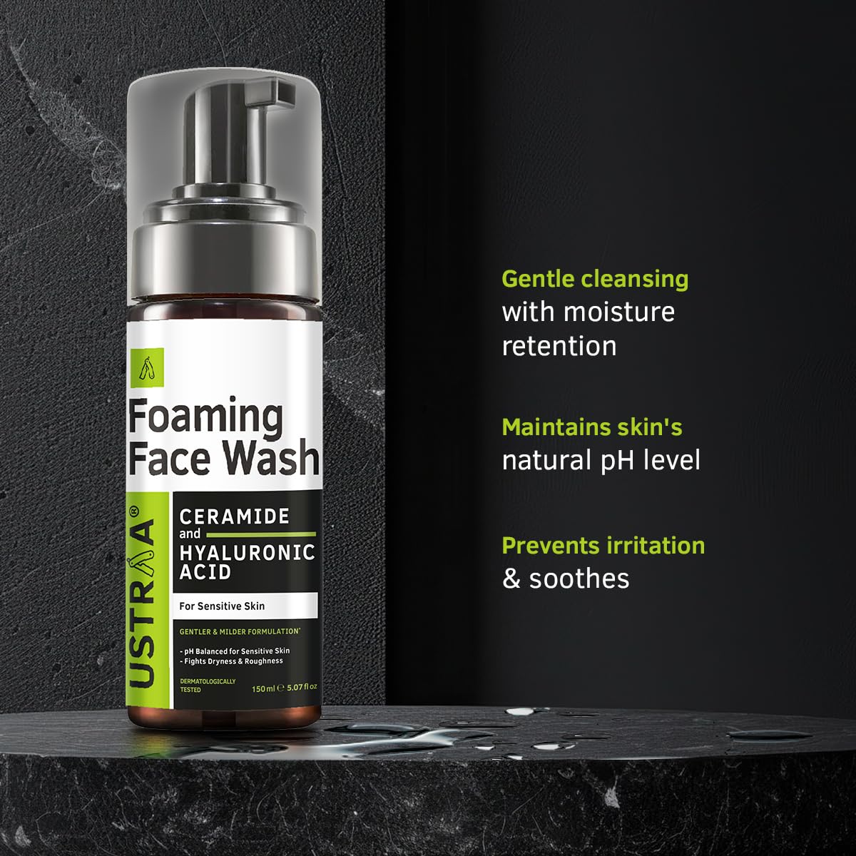 Ustraa Foaming Face Wash - 150ml - with Ceramide & Hyaluronic Acid - For Sensitive Skin | Gentle Formulation | Keeps pH in Balance | Dermatologically Tested | NO SLS, NO PARABEN