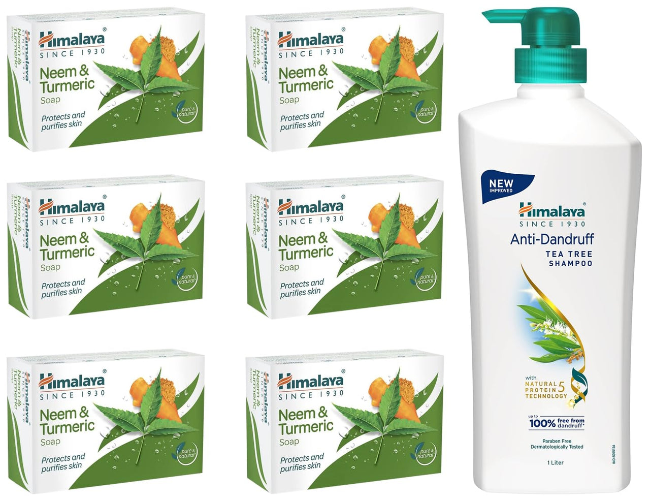 Himalaya Anti Dandruff Shampoo With Tea Tree Removes Dandruff & Soothes Sclap, 1000 ml And Himalaya Herbals Neem And Turmeric Soap, 125g (Pack Of 6)