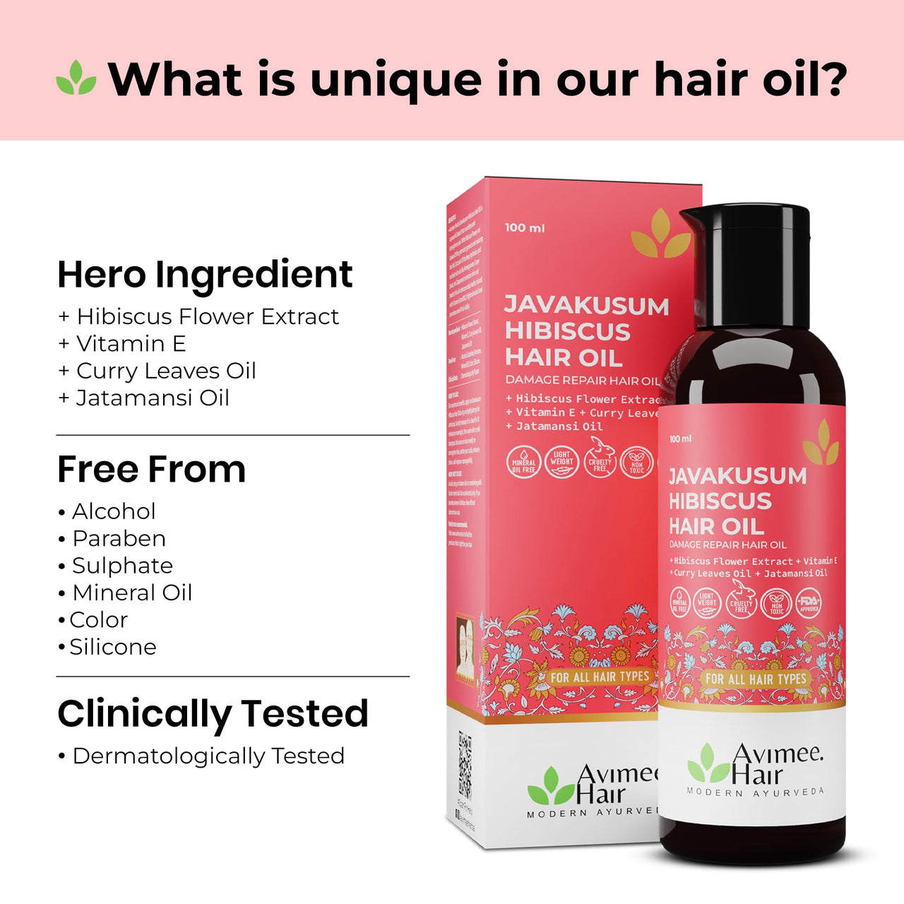 Avimee Herbal Javakusum Hibiscus Hair Oil | For Soft & Silky Texture | Loaded with Vitamin C, Flavonoids, Amino Acids, Mucilage Fiber, and Antioxidants | 100 mL | Pack of 2