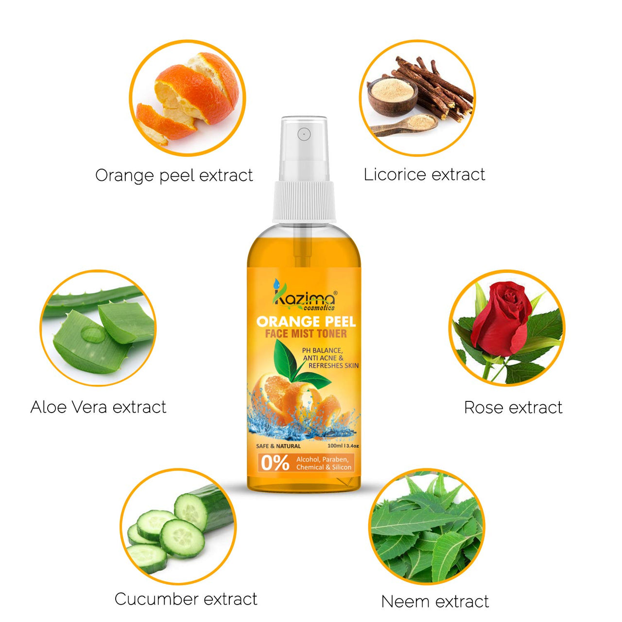 KAZIMA Orange Peel Face Mist Toner for Skin Whitening | Acne free | Refreshing Skin | Glowing Skin, 100 ml