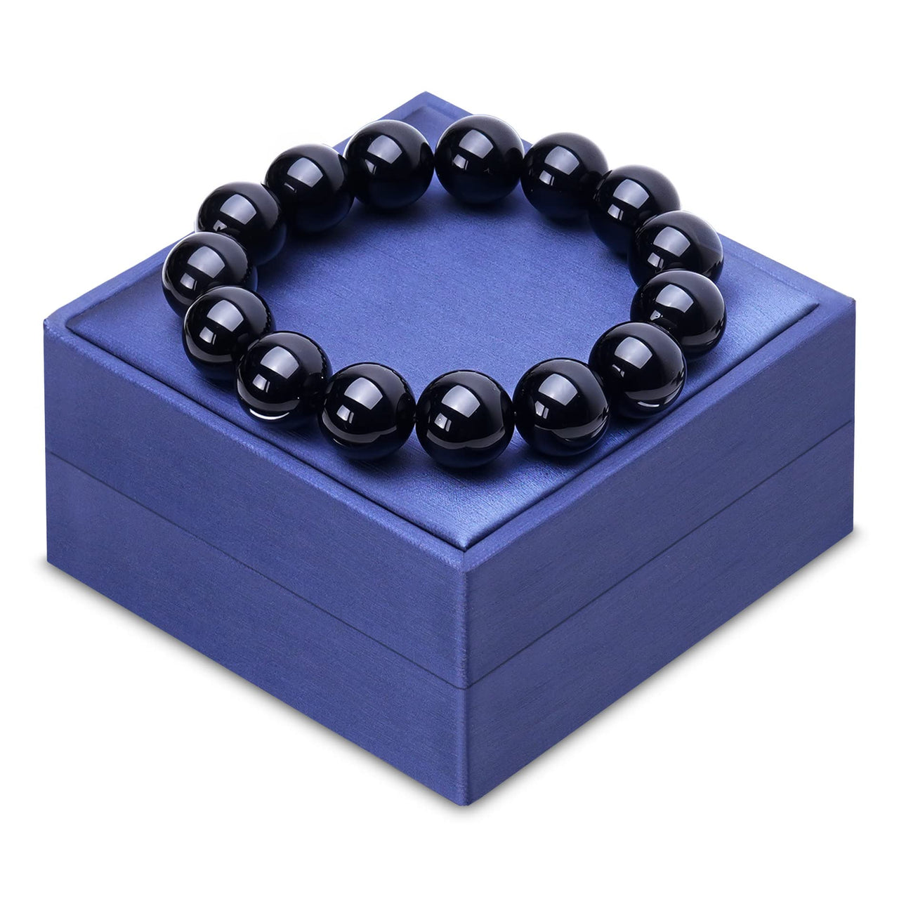 Vicsoon Handmade Bracelets, 14mm Natural Black Obsidian Protection Bracelet for Men Women, Healing Bracelet Beads Bring Luck,Prosperity and Happiness, Crystal Jewelry Stretch Stone Bracelets for Gift