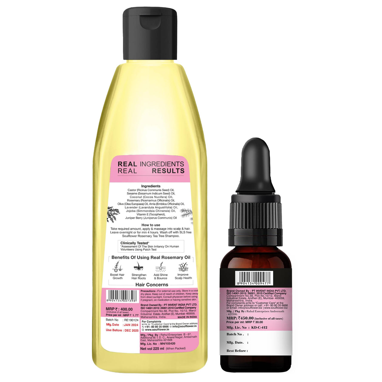 Soulflower Rosemary Essential Oil 15ml & Rosemary Lavender Hair Oil 225ml for For Healthy Hair, Scalp Nourishment, Hair Growth - Pack of 2