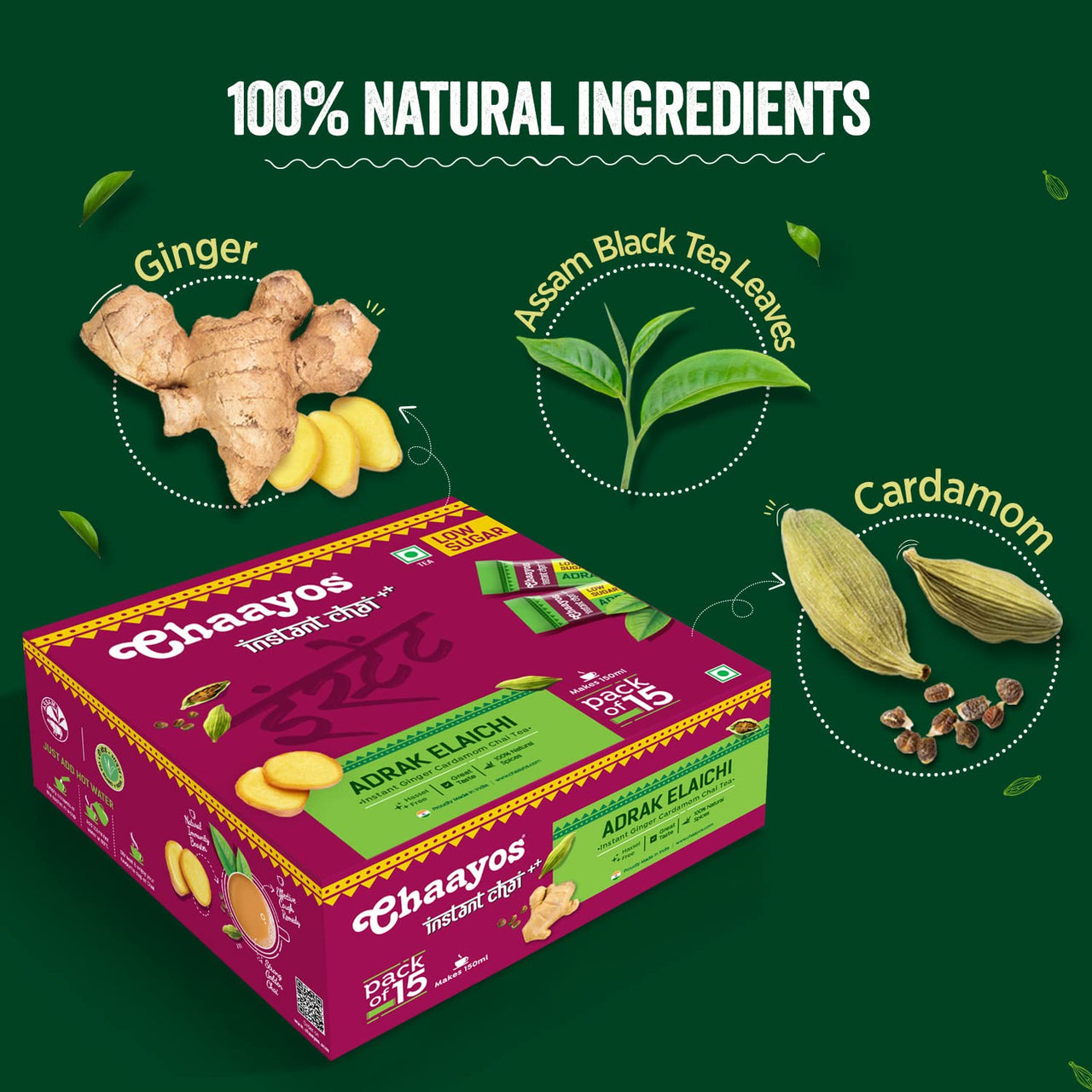 Chaayos Adrak Elachi Instant Tea Premix - Low Sugar (30 Sachets) | Instant Ginger Tea | Premix Adrak Elachi Sachets | Cardamom Chai